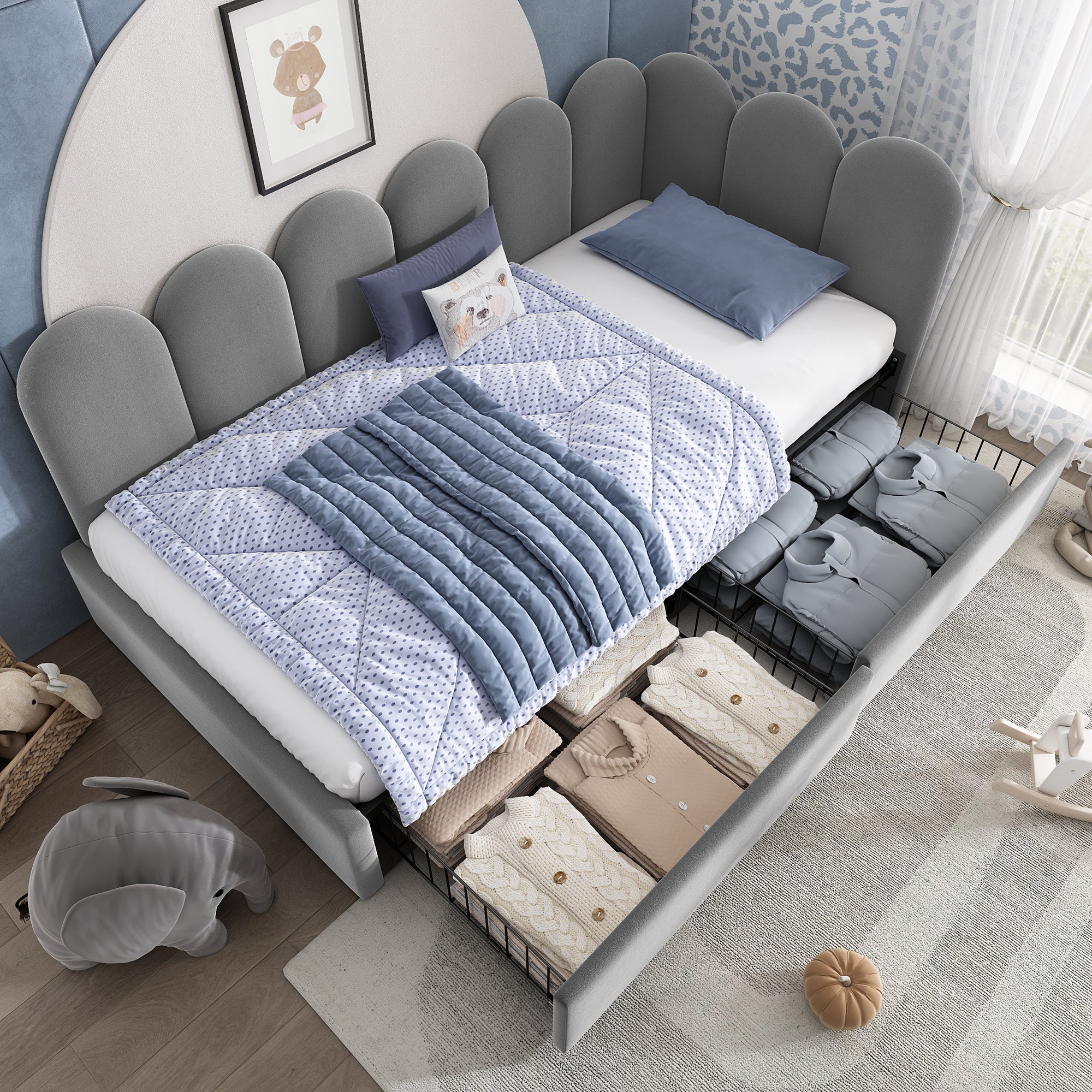 Upholstered Single Daybed 90x190cm Storage Drawers - Grey Velvet