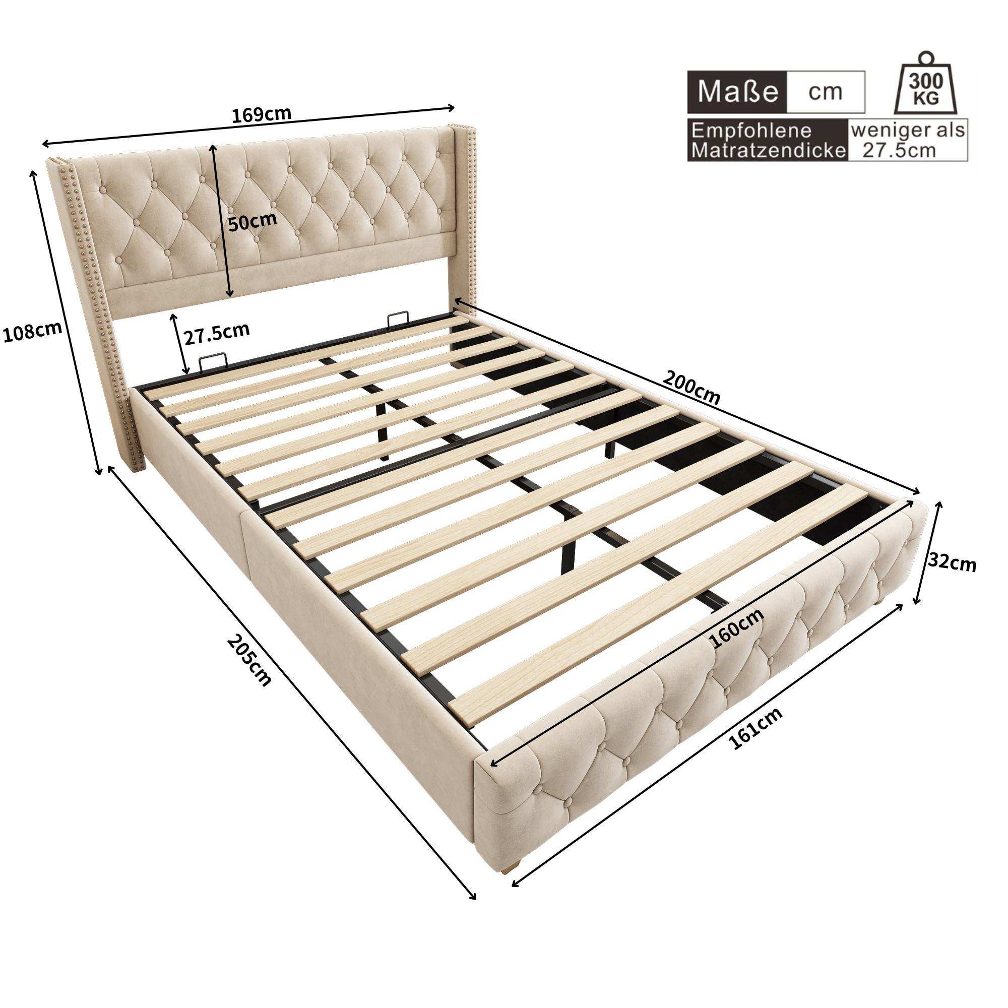 Upholstered Bed 160x200cm Button & Studded Headboard Slatted Frame - Light Beige Velvet