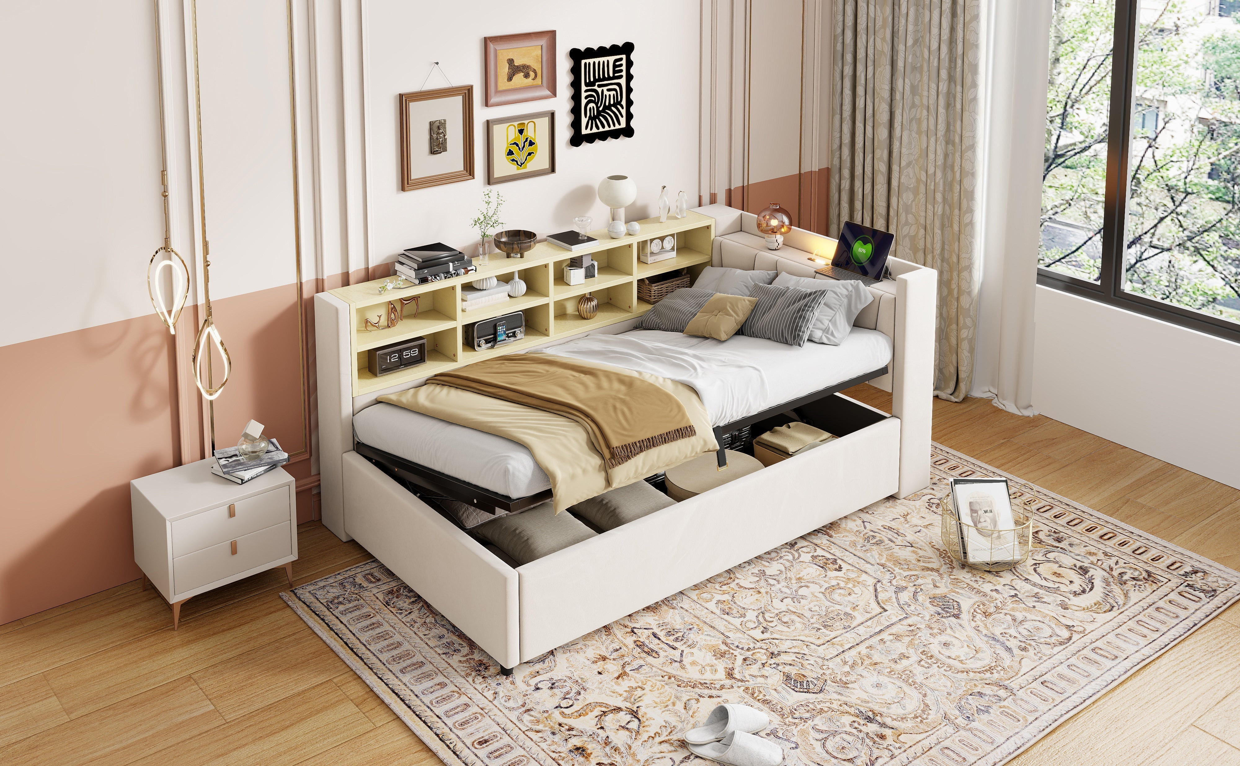 Upholstered Sofa Bed with Storage and USB Ports, Velvet Grey