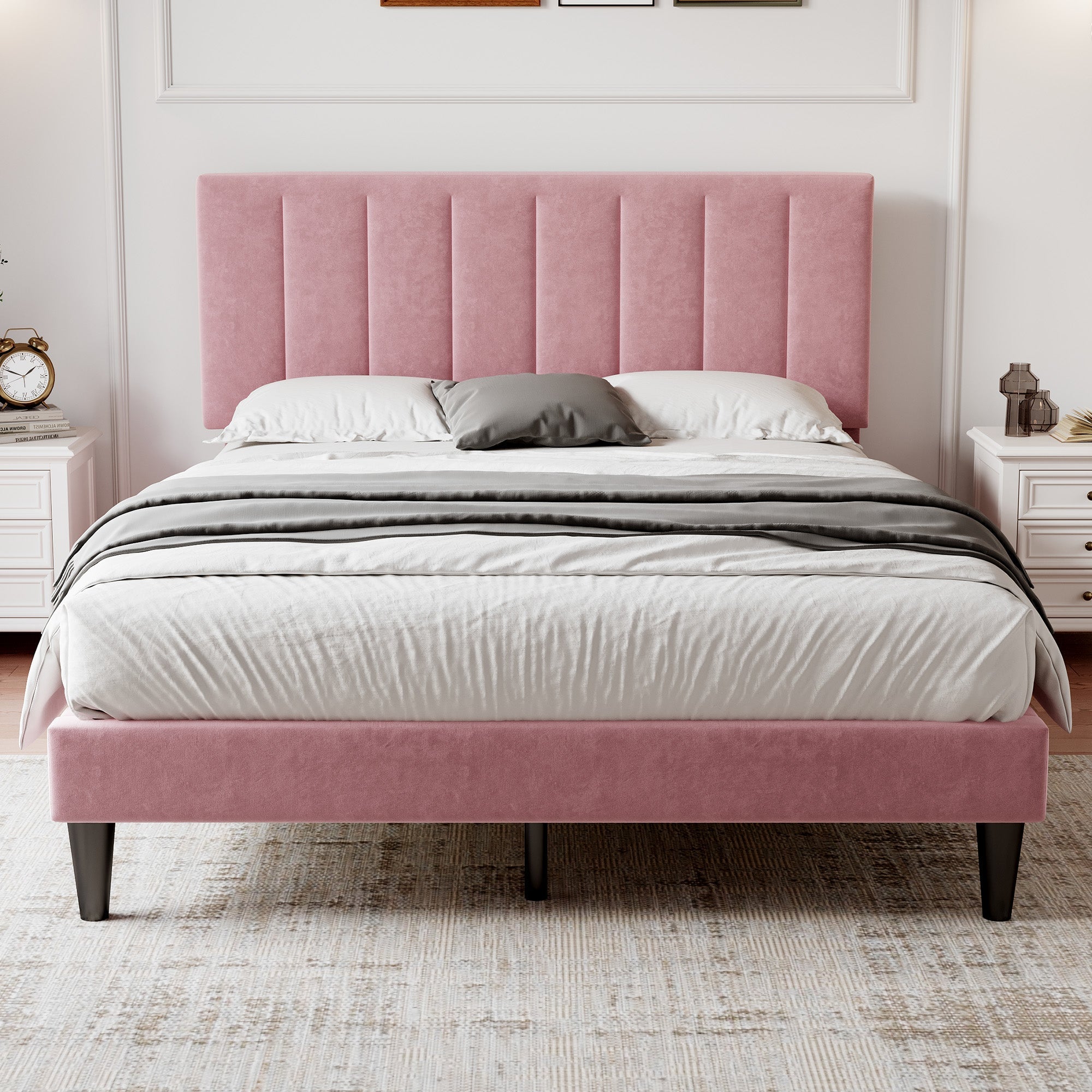 4ft6 Double Upholstered Velvet Bed Frame, Adjustable Channel Tufted Headboard, Pink