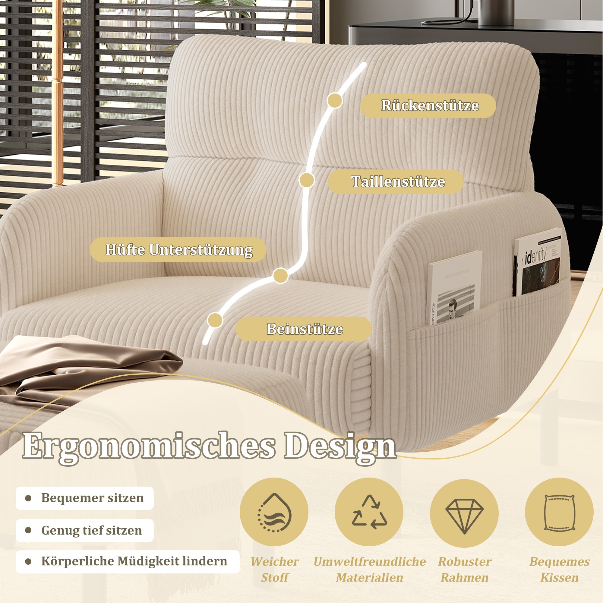 Sofa/Chair Comfortable Seat Depth, Armrests with Side Pockets, Solid Structure, Velvet Fabric