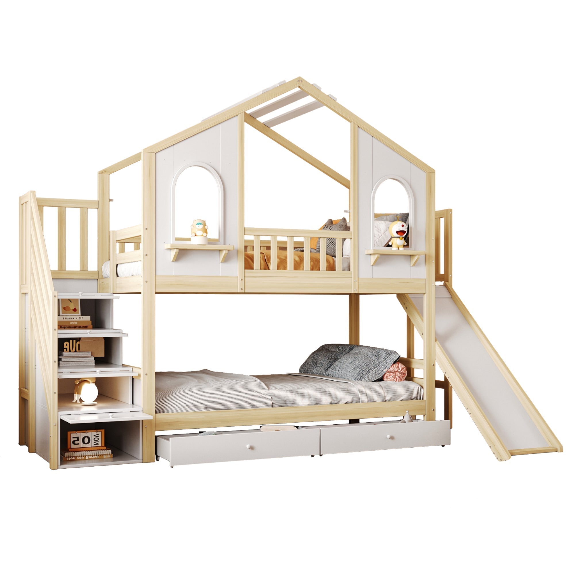 Children's Bunk Bed 90x200cm House Slide Storage Wood Color