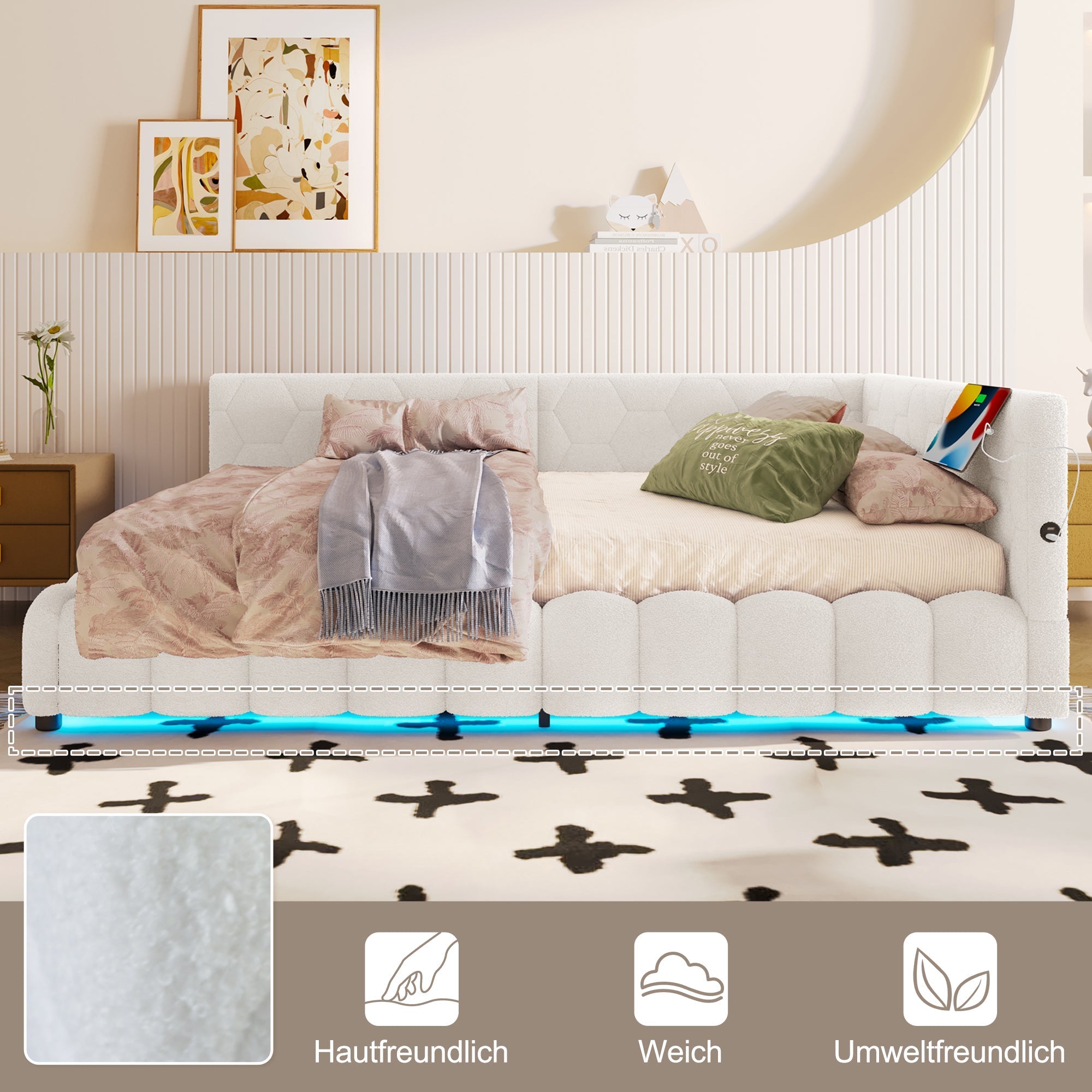 Daybed Sofa Bed 140x200cm Hydraulic Storage LED USB/Type-C Fleece Imitation White