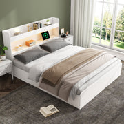 Storage Bed 140x200cm with USB, Power Outlet, LED and Drawers, White Solid Wood