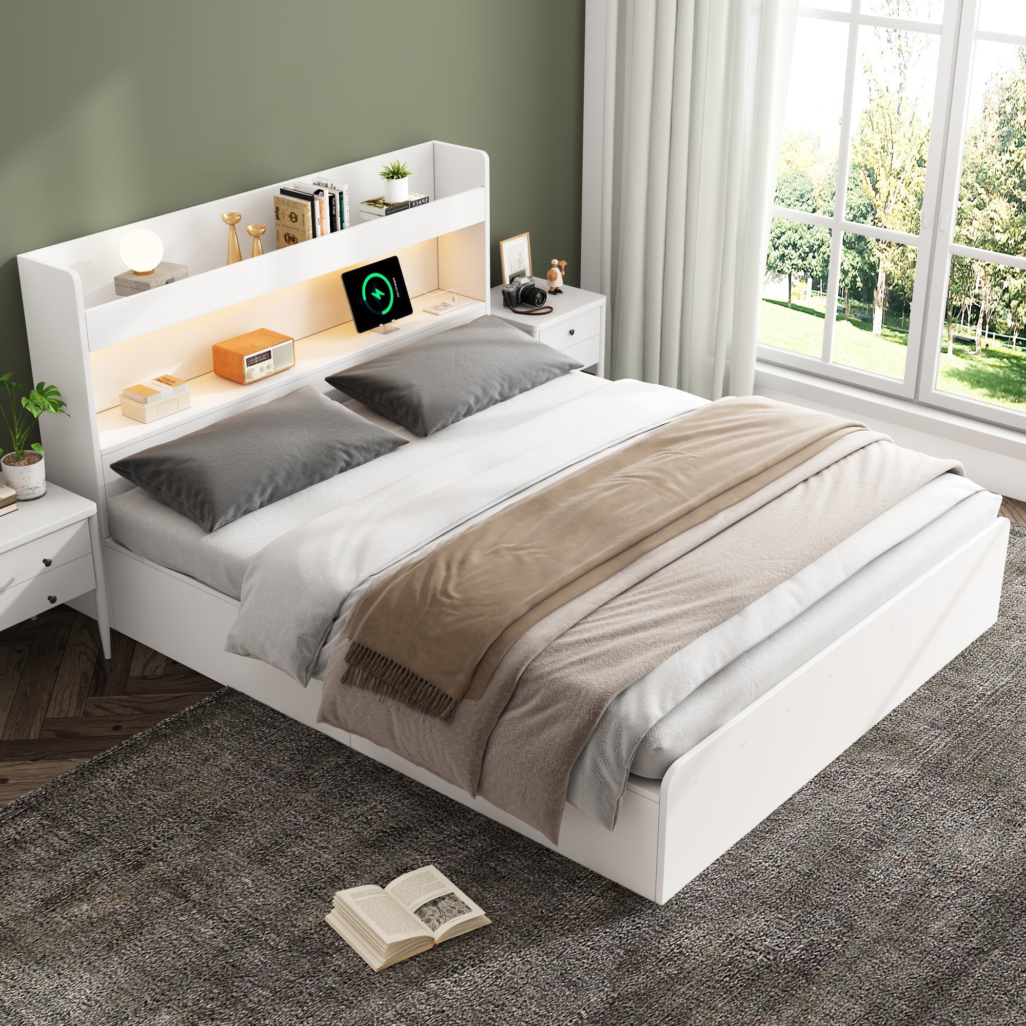 Storage Bed 140x200cm with USB, Power Outlet, LED and Drawers, White Solid Wood