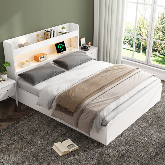 Storage Bed 140x200cm with USB, Power Outlet, LED and Drawers, White Solid Wood