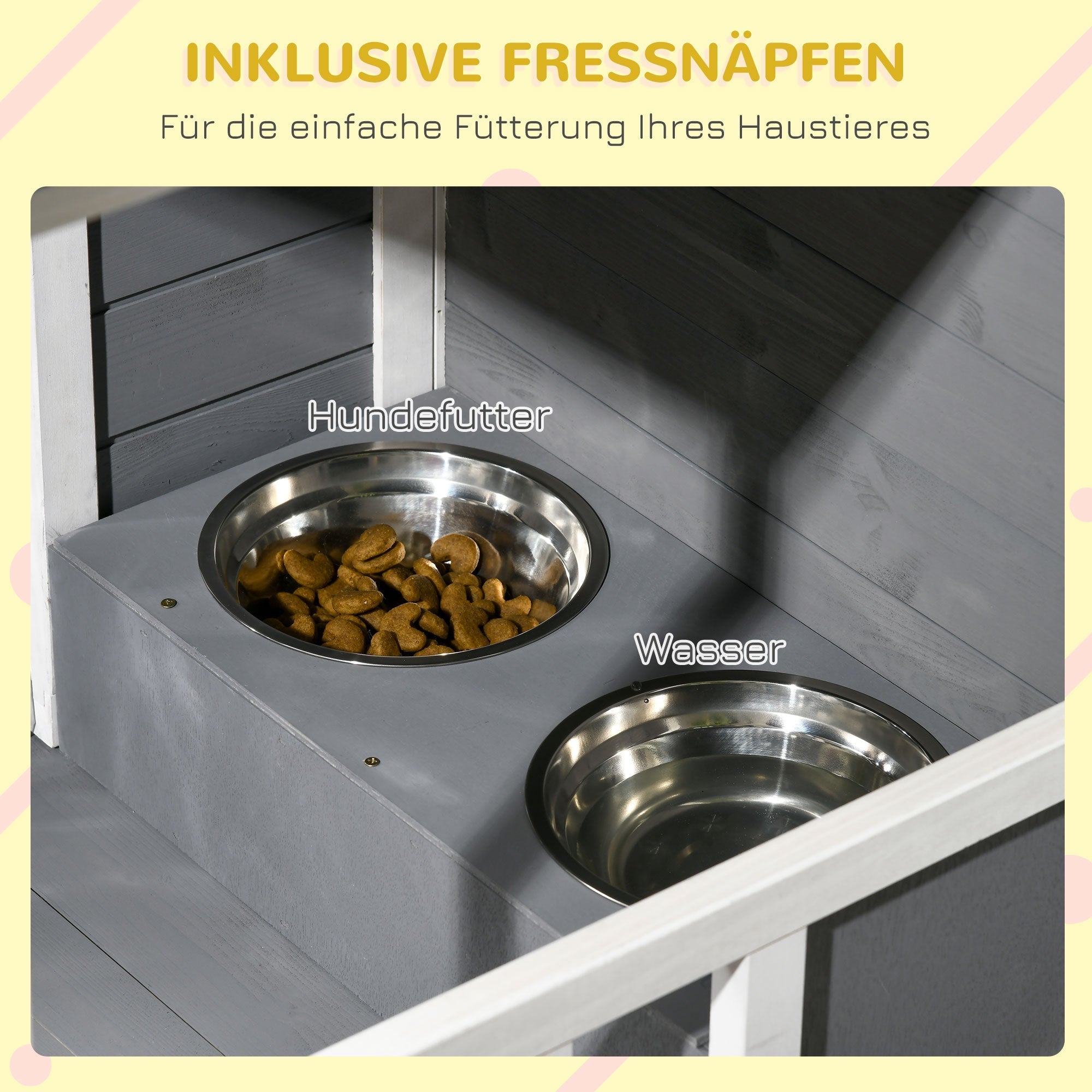 Dog House with Terrace, Fir Wood, Weather-Resistant, 2 Bowls, Asphalt Roof, Grey