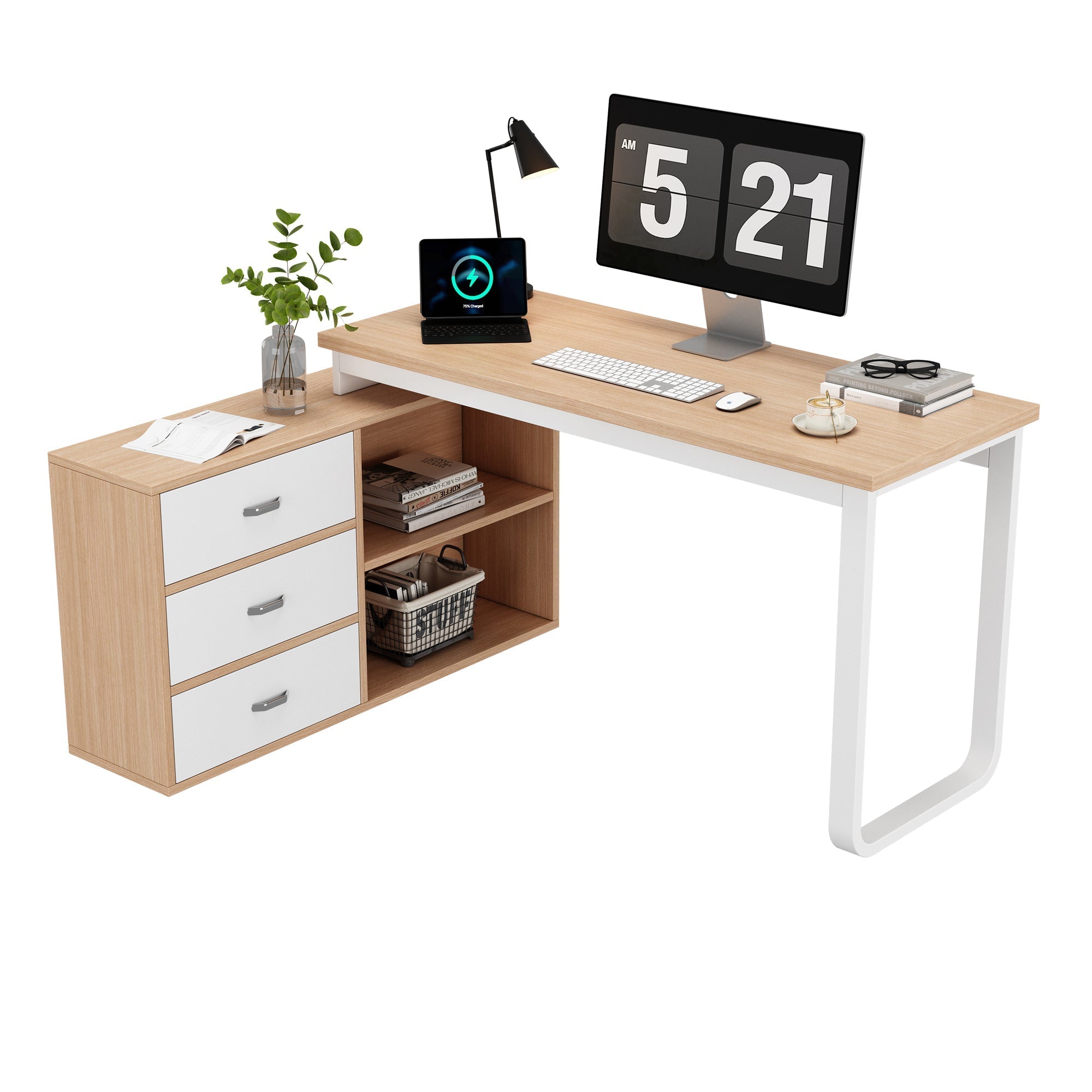 Simple Office Desk with 3 Drawers, 2 Open Shelves, Steel Frame - Natural