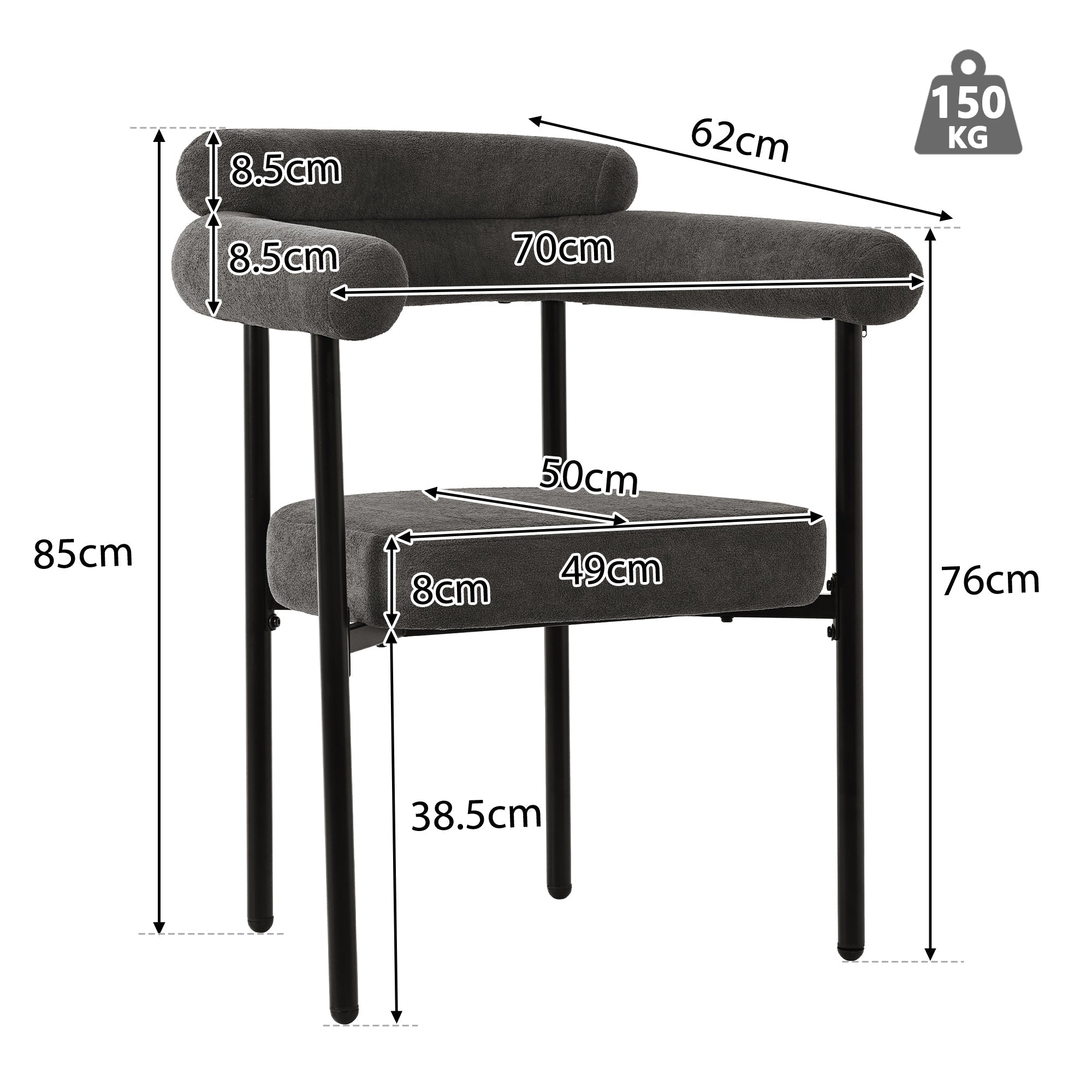 Dining Set (5-Piece) - 4 Armchairs, Designer Metal Legs - Grey Suede