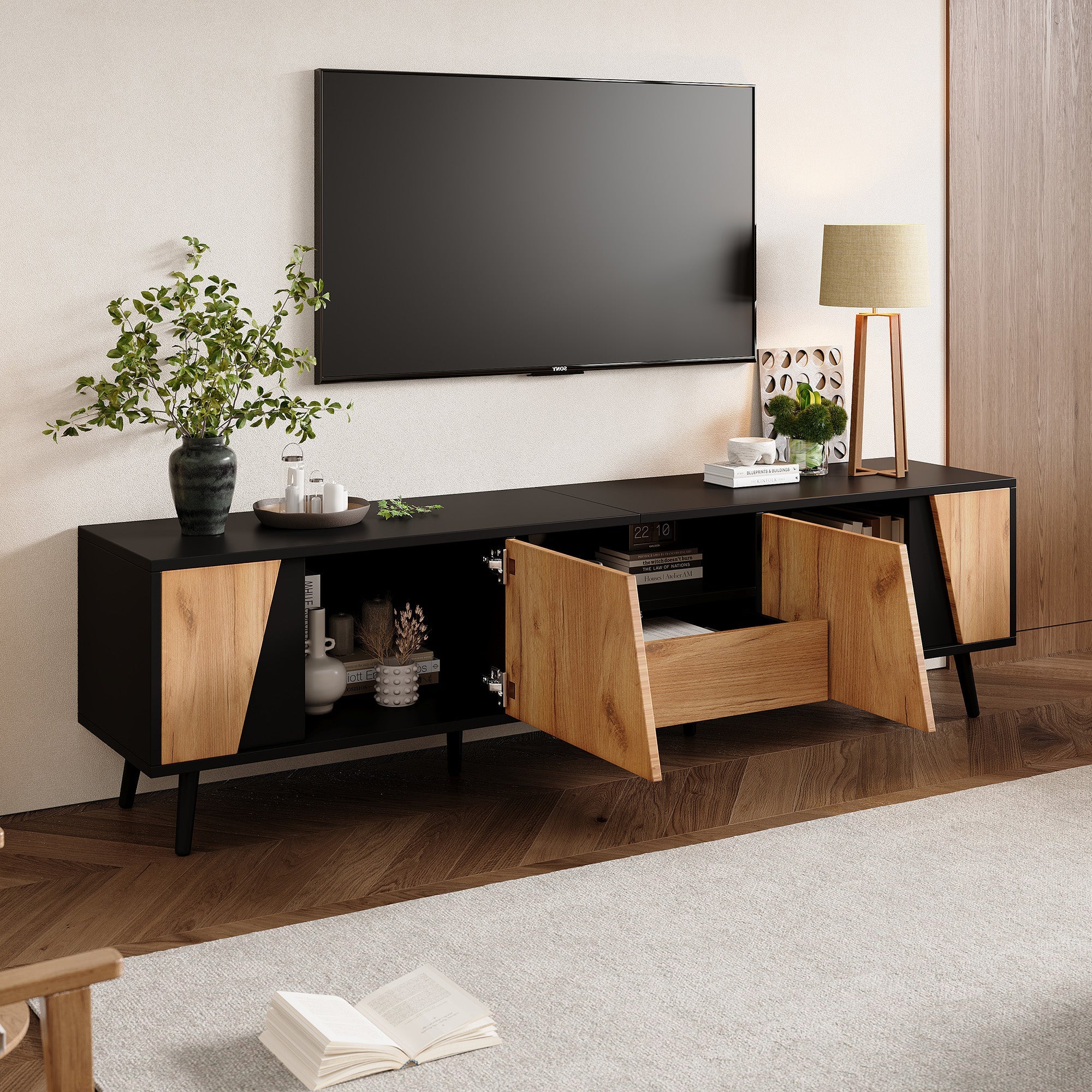 Lowboard TV Board, TV Cabinet with Drawers and 2 Cabinets, Modern Minimalist, Solid Wood