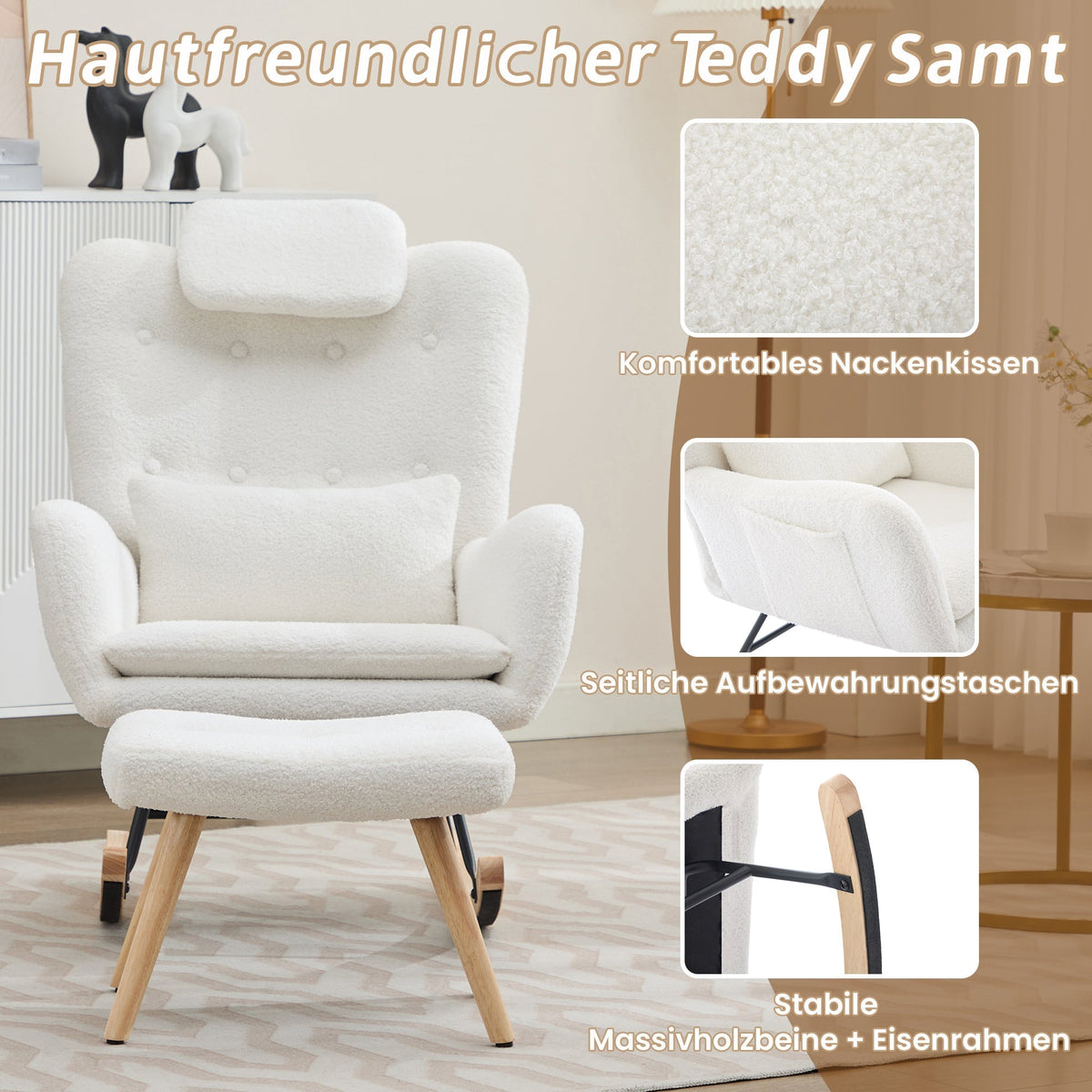 Rocking Chair with Footstool, Armrests Recliner Lounge Chair, Teddy Velvet Fabric