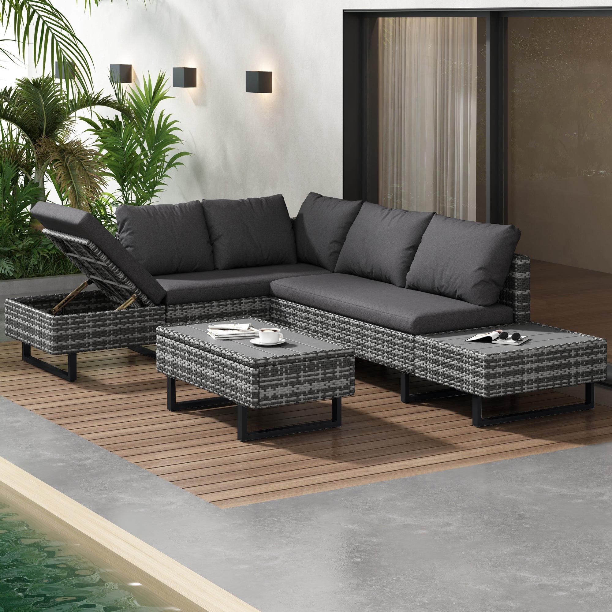 Poly Rattan Garden Set, 4-5 Person Corner Sofa Lounge with Table & Cushions, Grey