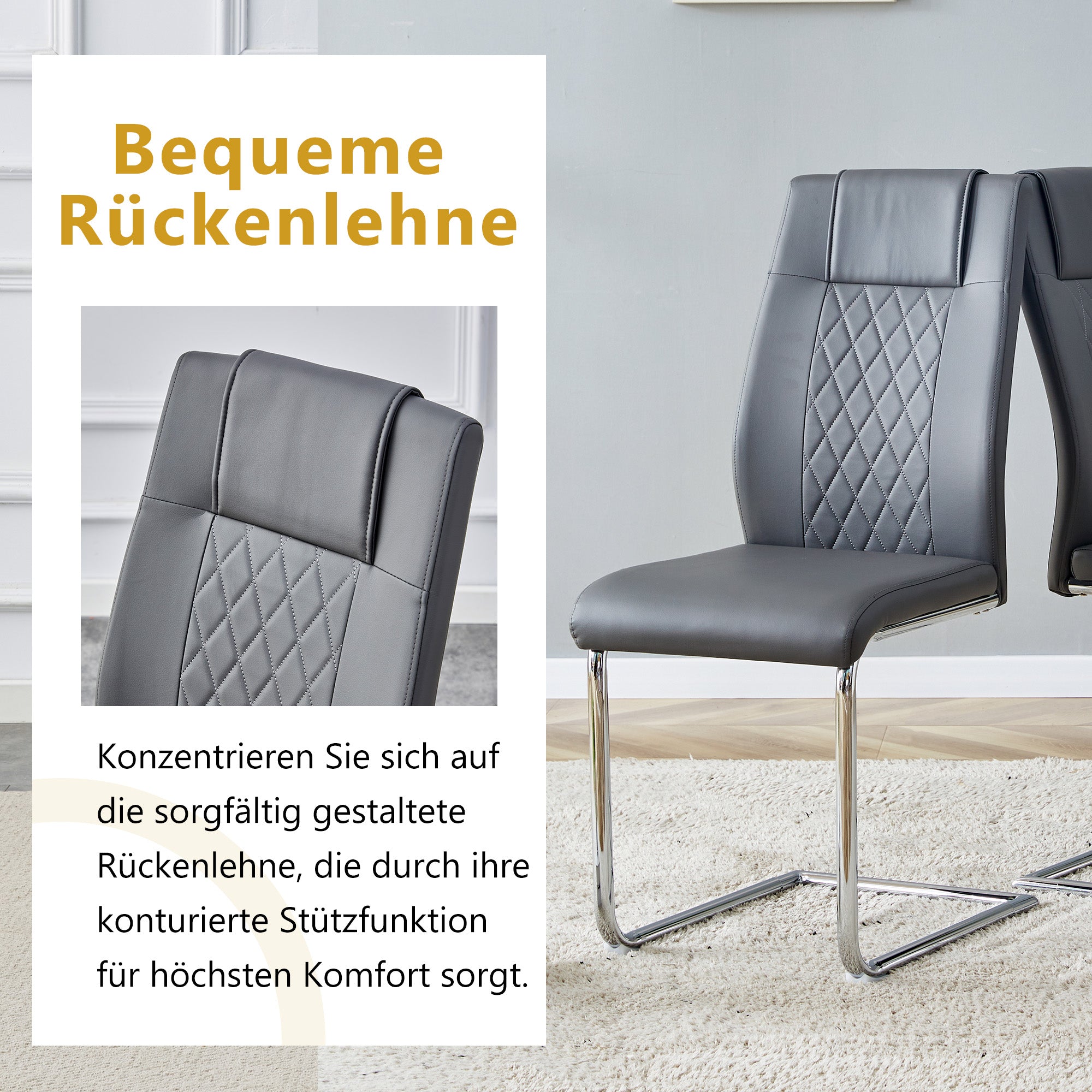 Scandinavian Dining Chairs Set of 4 Mesh Back Metal Legs - Dark Grey PU Leather
