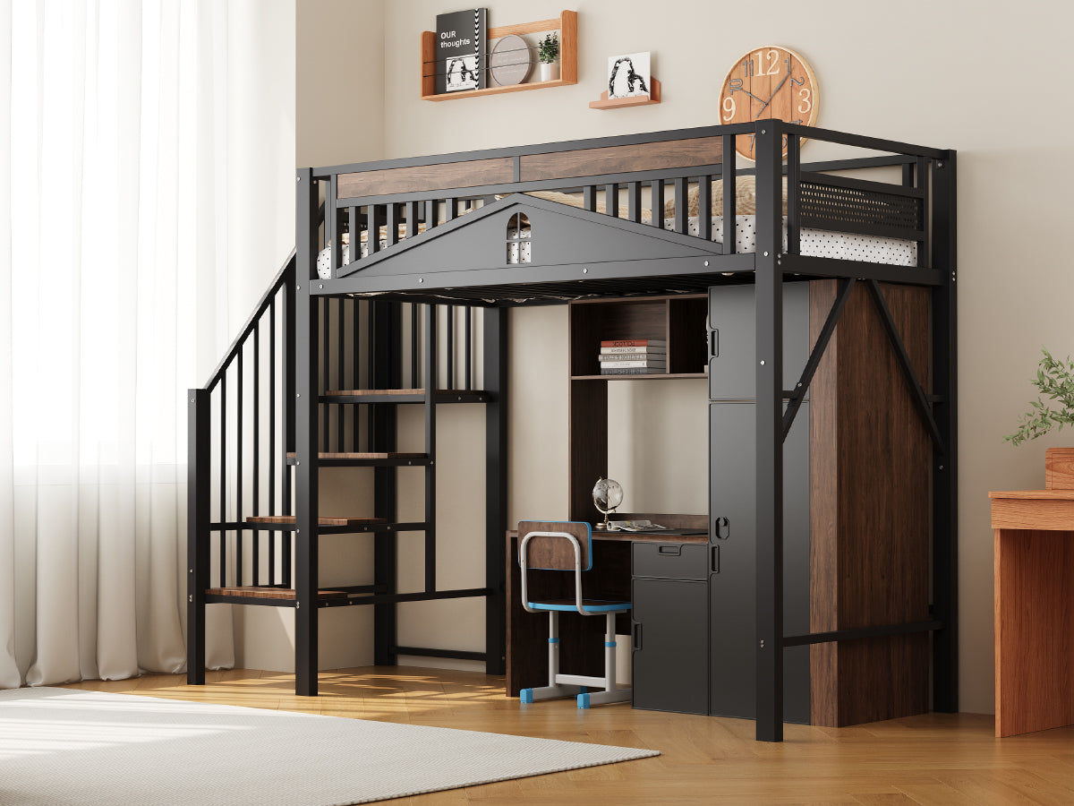 Metal Loft Bed 90x200cm Safety Railing Ladder Under-Bed Space, Black