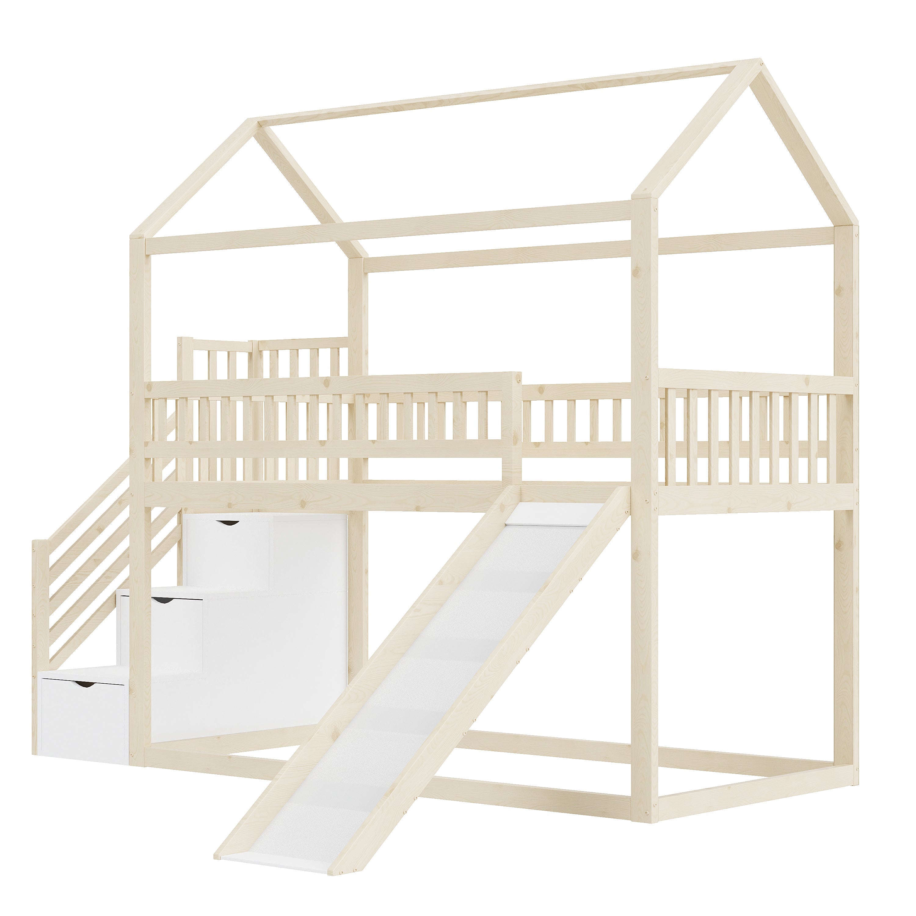 Children's Bunk Bed 90x200cm, Loft with Slide & Storage Ladder, Solid Wood