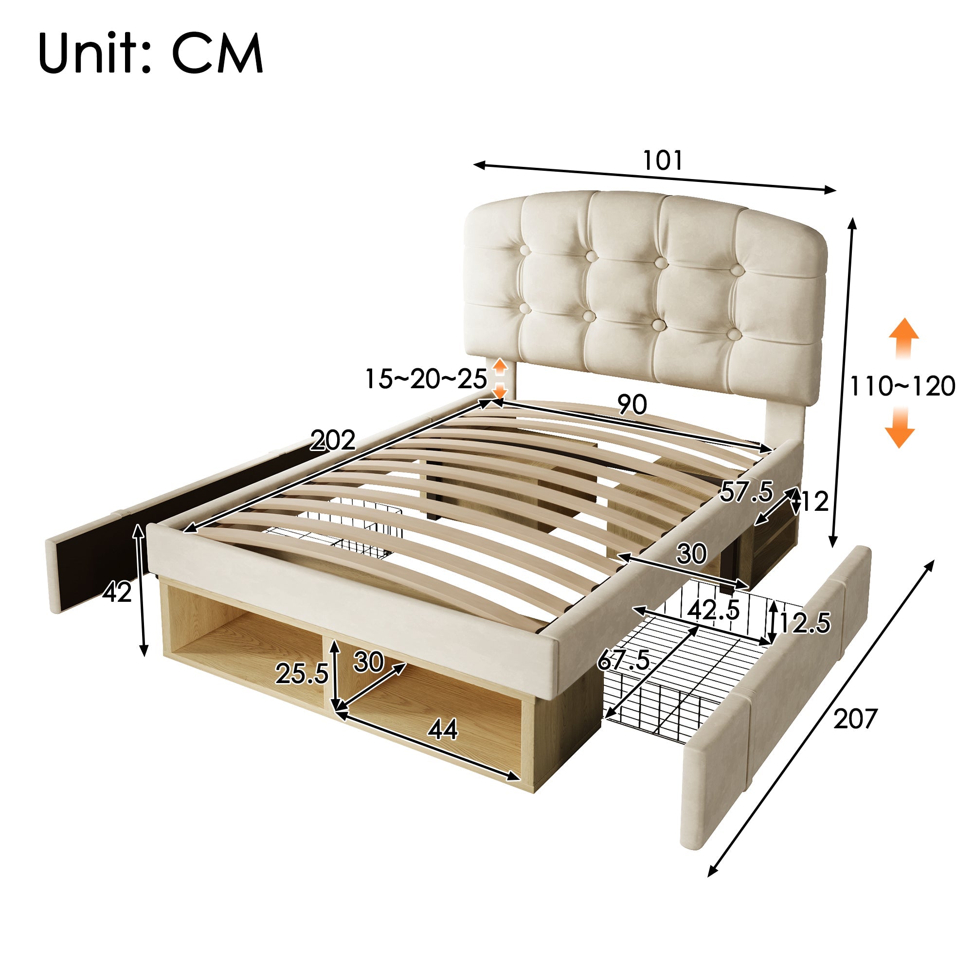 Upholstered Single Bed with Storage and Adjustable Headboard, 90x200cm, Beige Velvet
