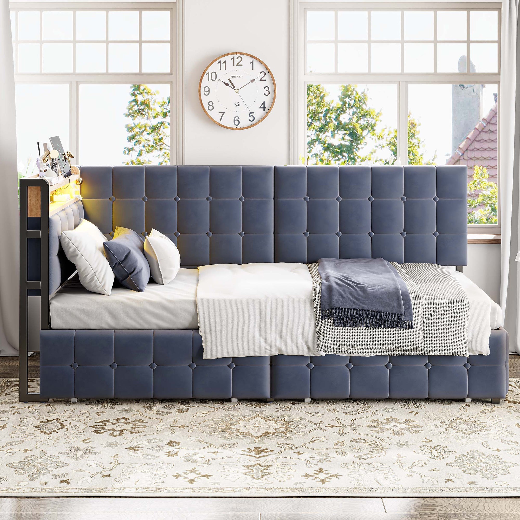 Upholstered Sofa Bed 90x200 Multifunctional LED USB/Type-C Drawers Grey