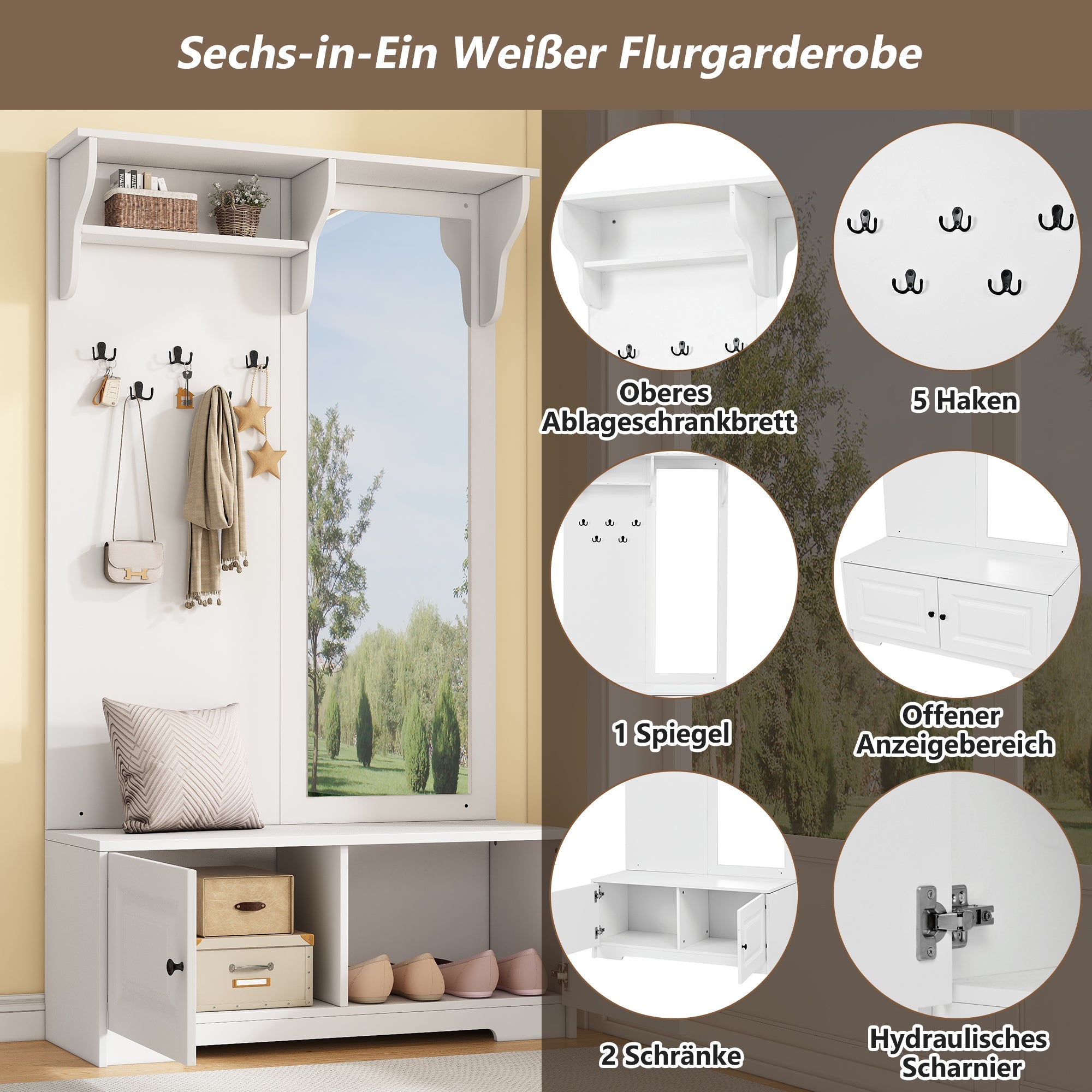 Wardrobe with Mirror, 5 Hooks, 2 Cabinets, White