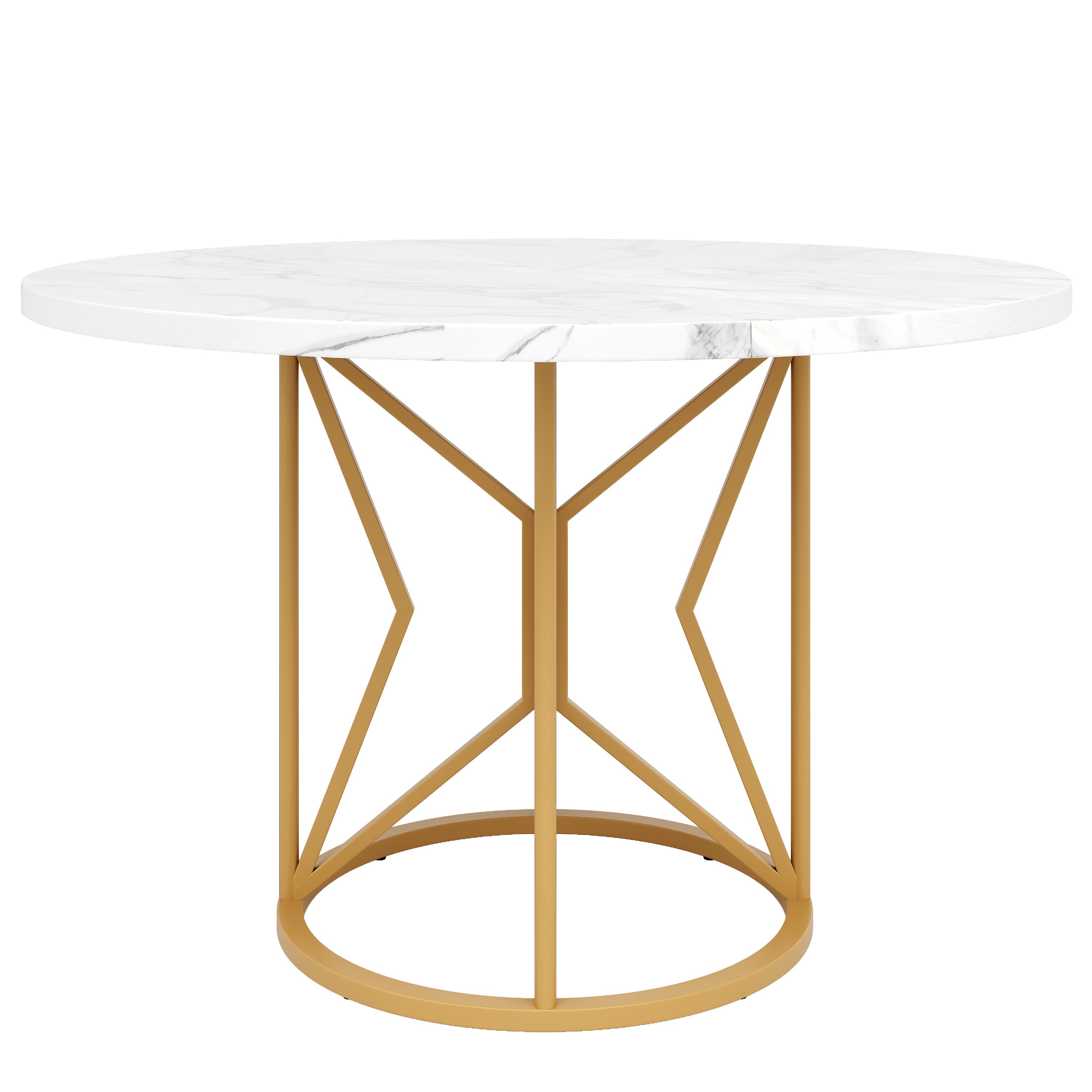 Round Dining Table 100cm Marbled MDF Geometric Metal Legs - Gold Accents