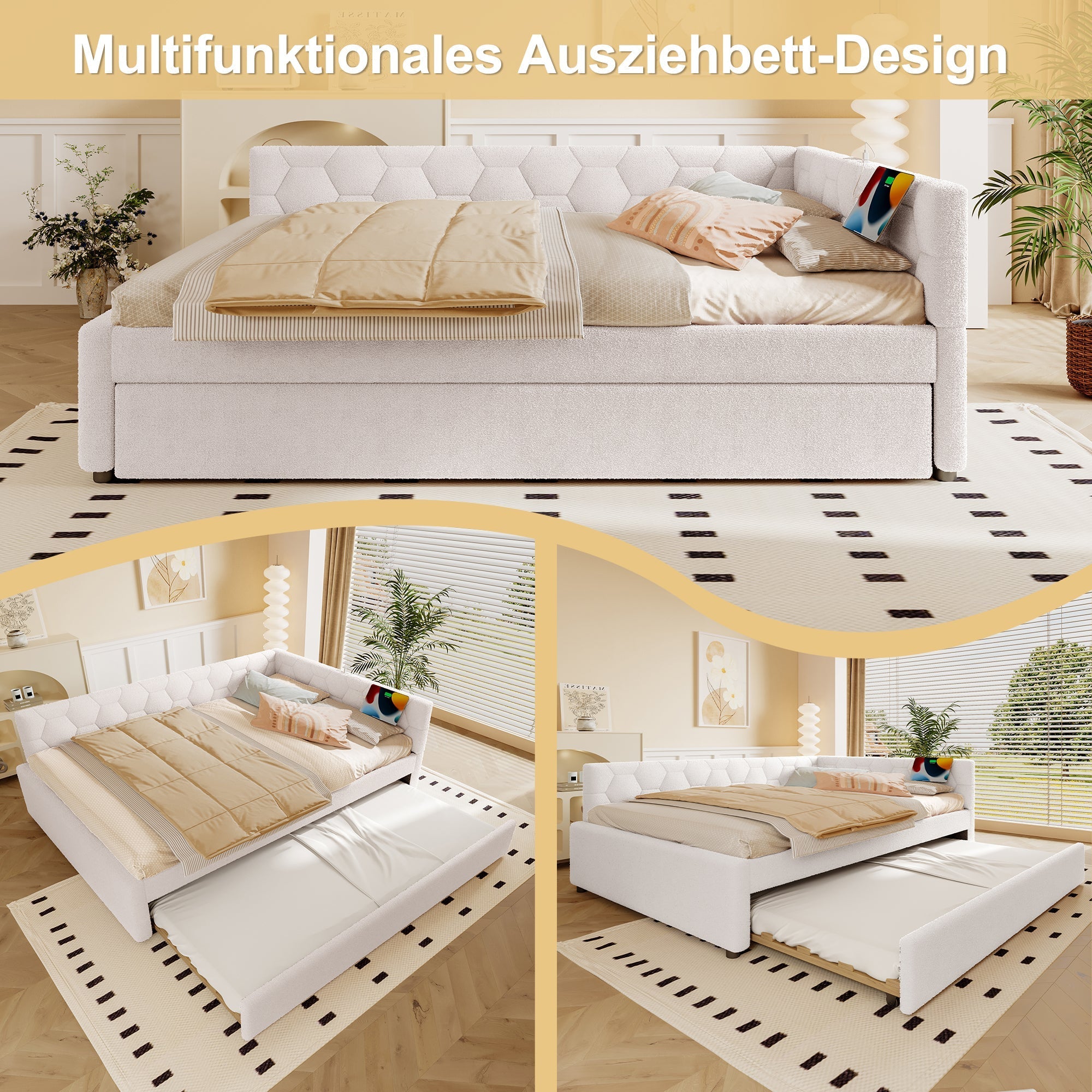 Daybed Sofa Bed 140x200cm Pull-Out Bed with Lamp & USB/Type-C Port Fleece Imitation White