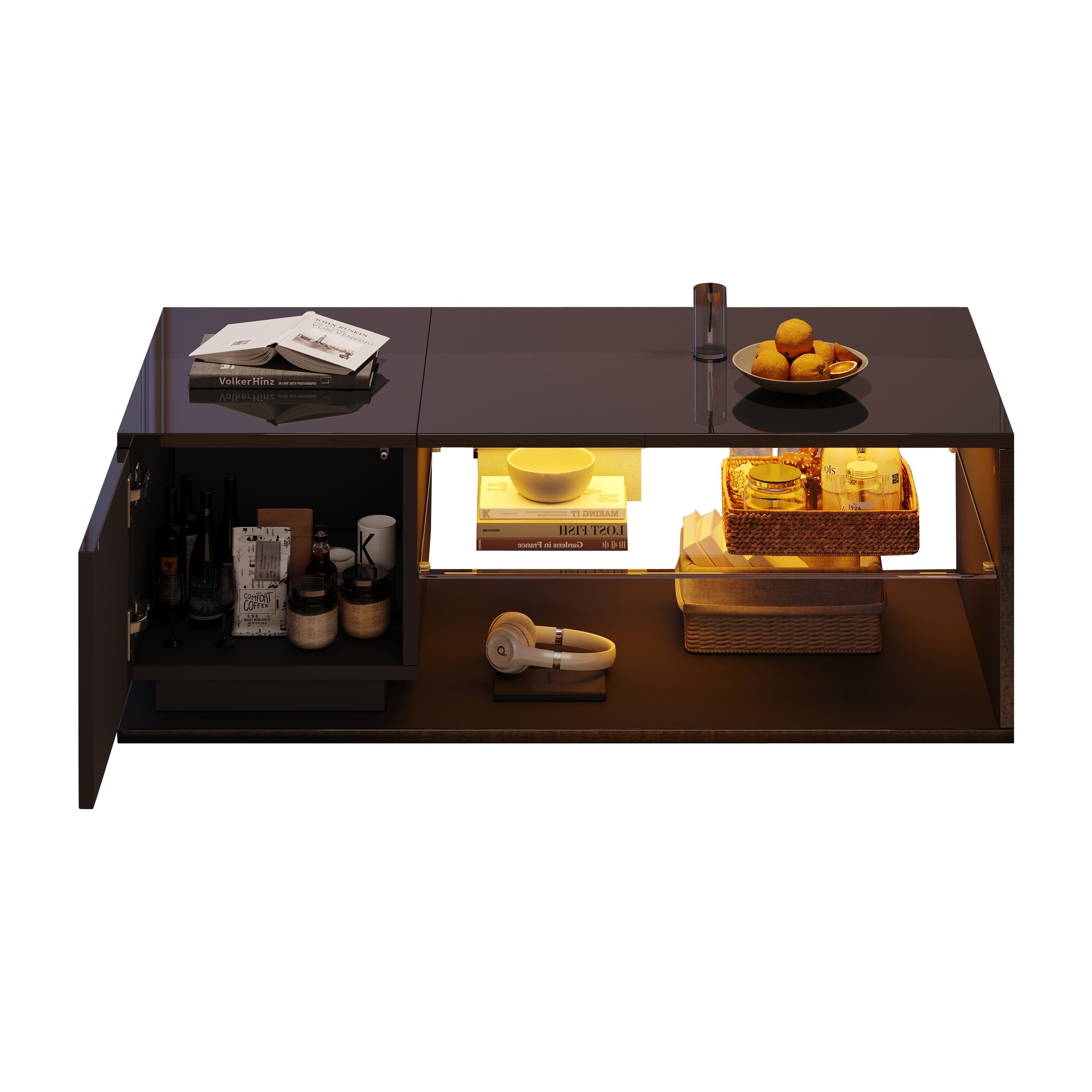 LED Coffee Table with High-Gloss Storage and APP LED Lights, Black High-Gloss