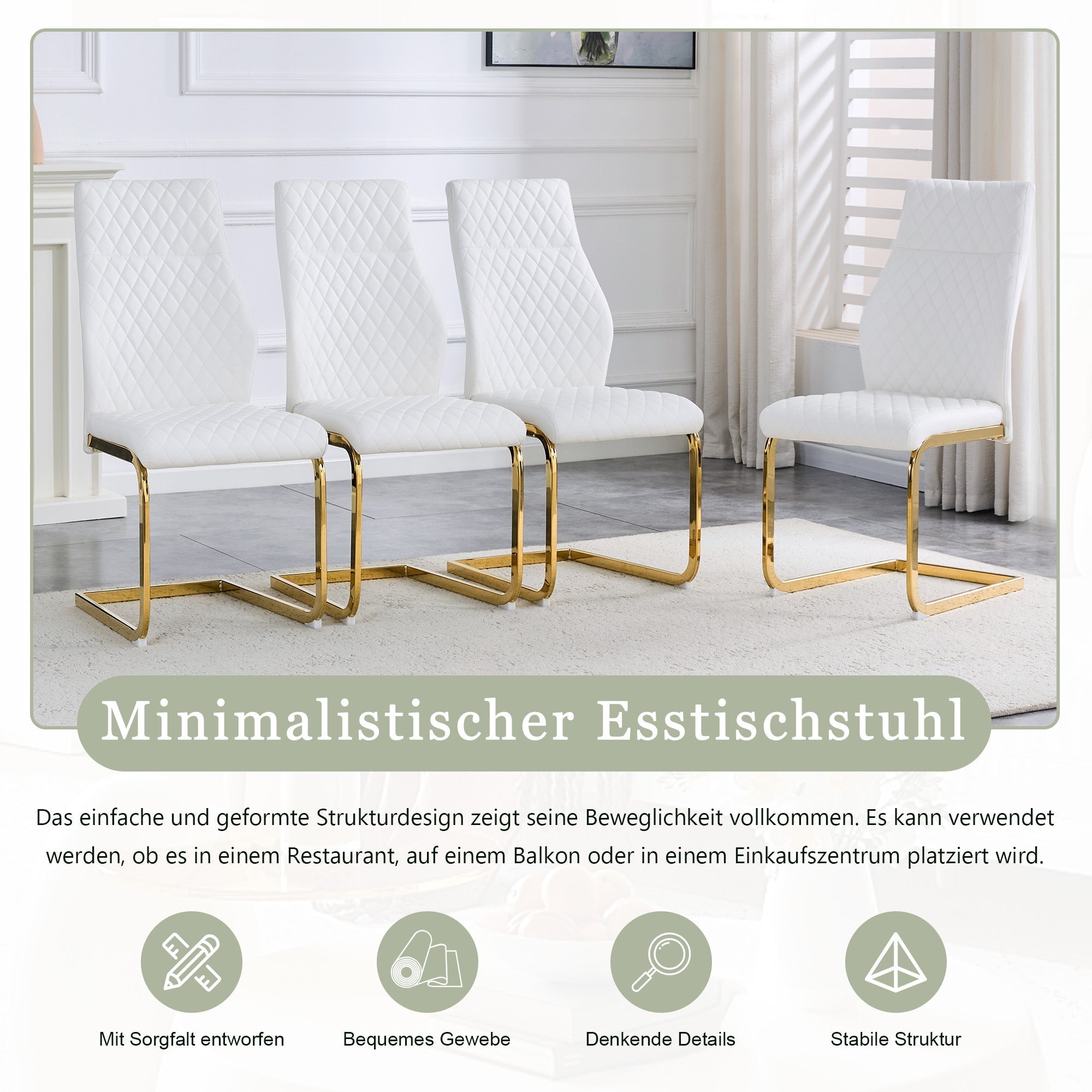 Dining Chair Set of 2, High Backrest and Padded Cushion with Diamond Pattern, White and Gold Metal