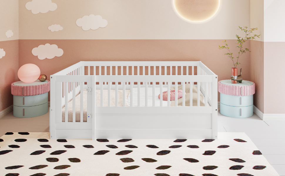 Children's Bed, 140 x 200 cm Wooden Frame with Bars & Door, White