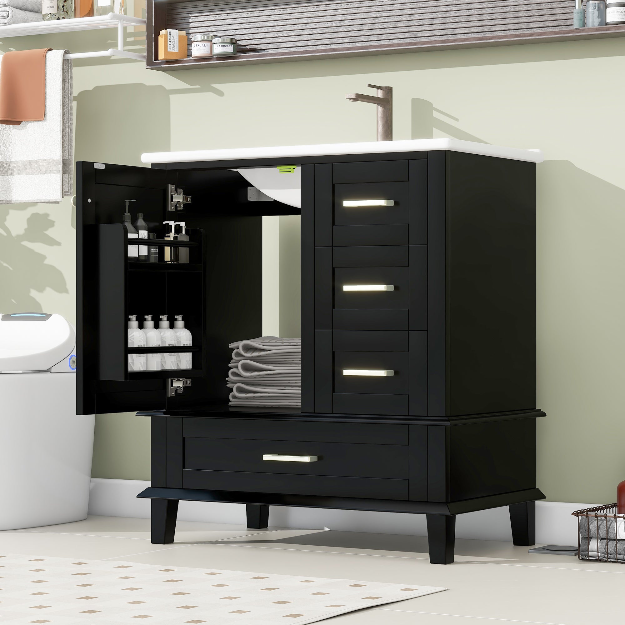 Bathroom Cabinet with Ceramic Sink and Silent Drawers, Black