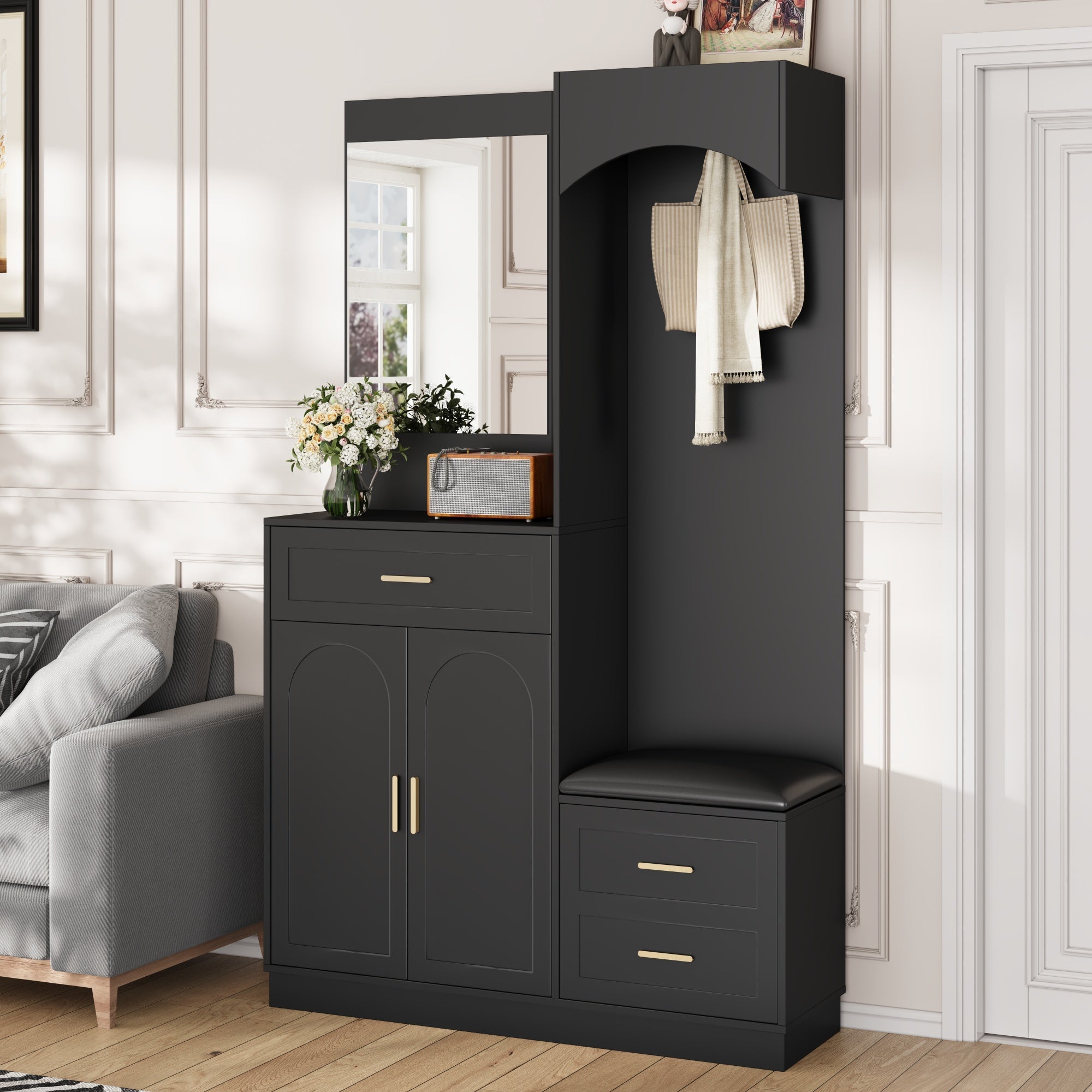 Compact Wardrobe and Shoe Cabinet Combination, Multifunctional Storage Shelf with Mirror, Modern