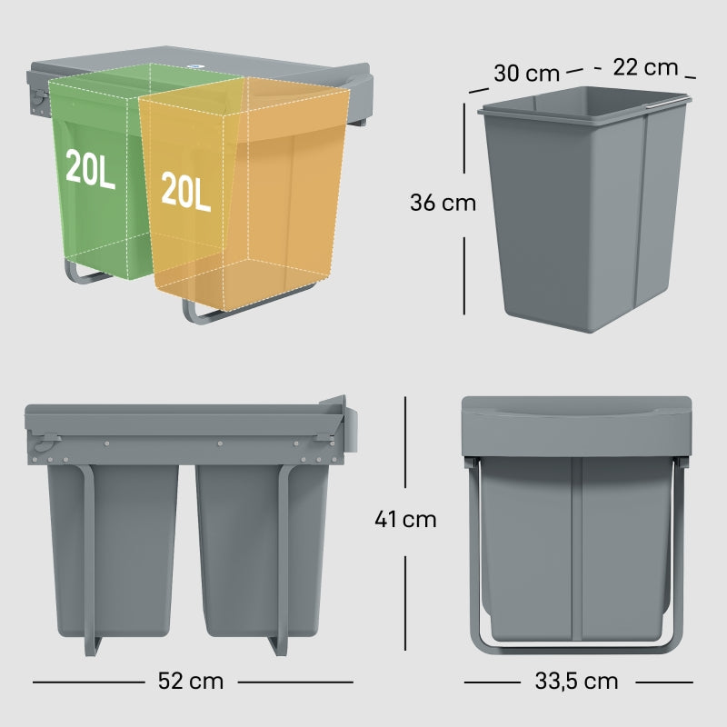 Extendable Waste Bin 2x 20L Removable Containers Plastic Metal Grey
