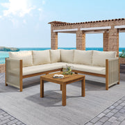 Garden Furniture Set with Corner Sofa, Coffee Table and Woven Rope Craftsmanship, Beige Acacia Wood