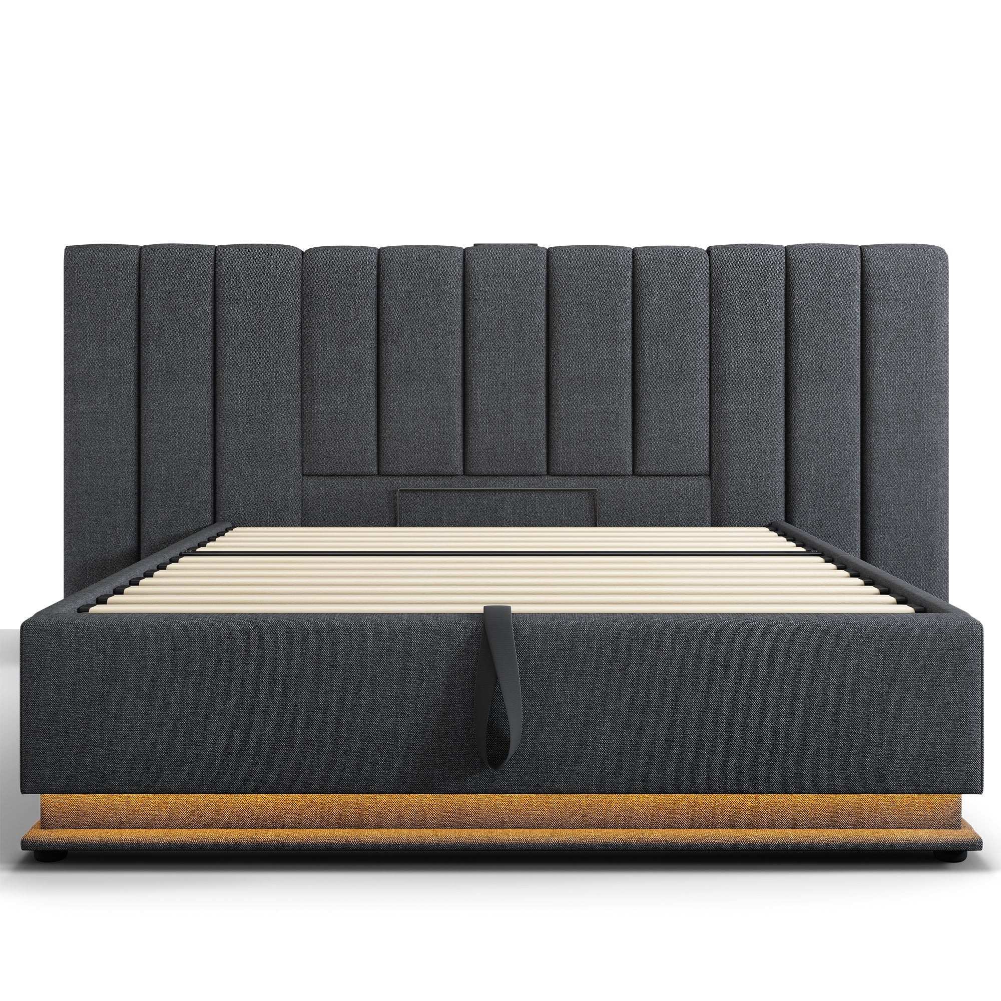 Upholstered Bed 180x200 Storage LED/USB-C Slatted Base, Linen Grey