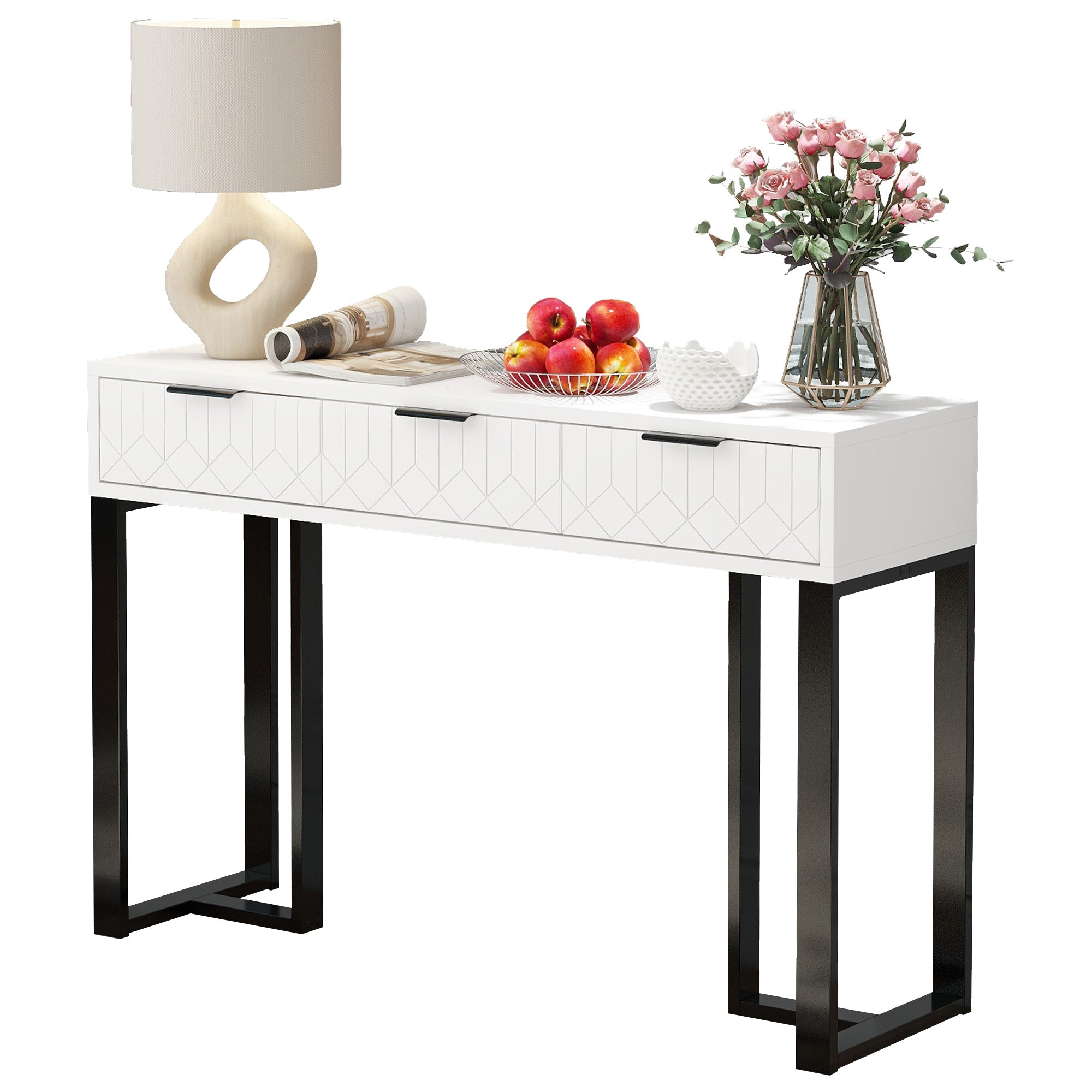 Modern Console Table with Drawers, Gold Frame, Adjustable Foot Pads, Elegant Handles (White+Black)