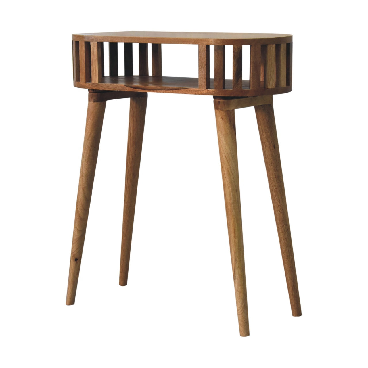 Ariella Console Table, Open Shelf Nordic Legs, Solid Wood Brown