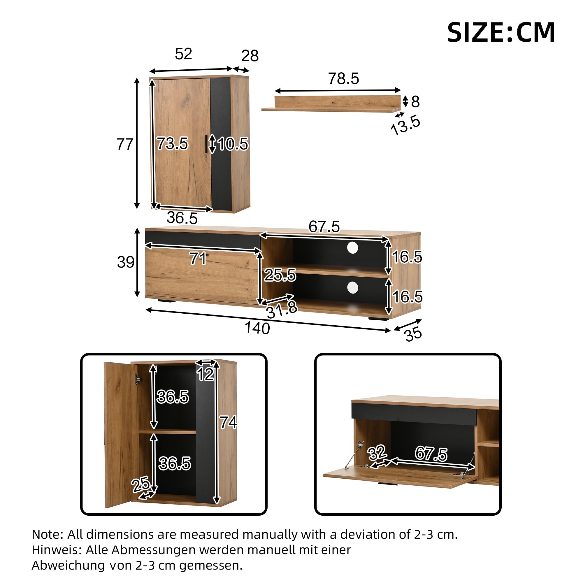TV Wall Unit Set, 3-Piece Media & Storage, Wood + Black