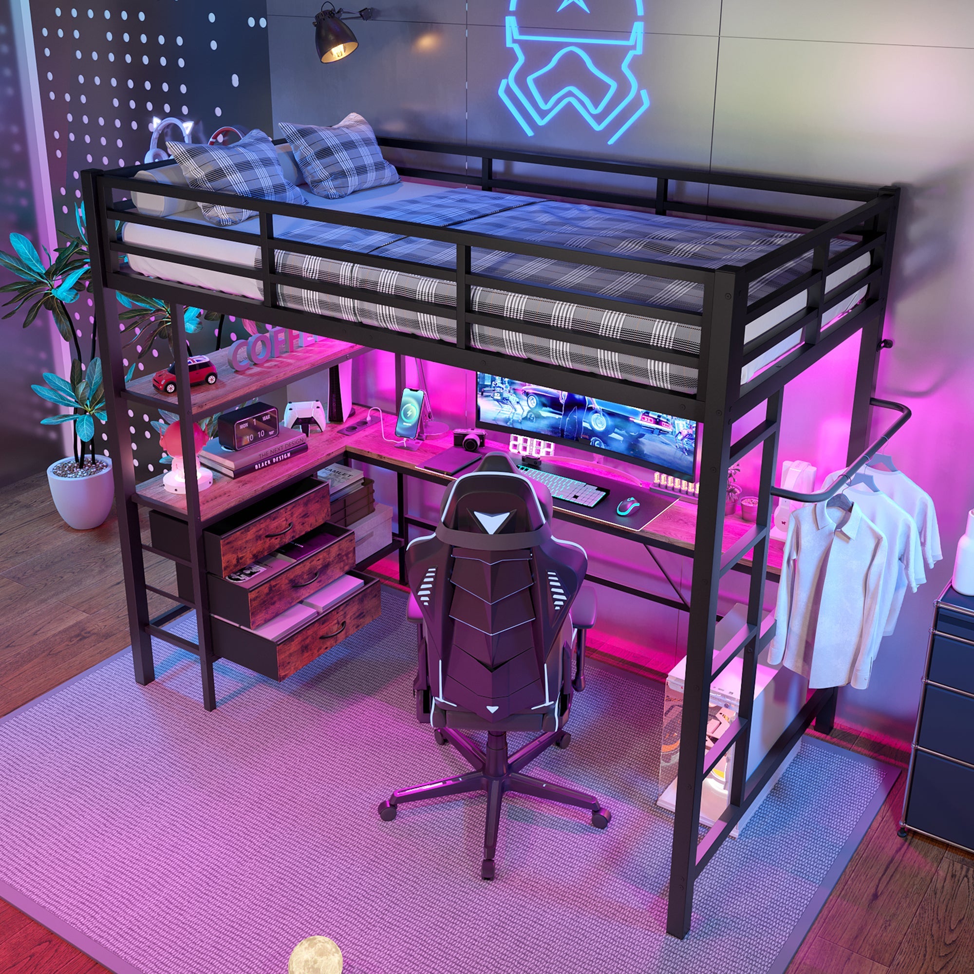 Loft Bed 90x200cm LED Lights, Desk, USB Port, 3 Drawers, Black