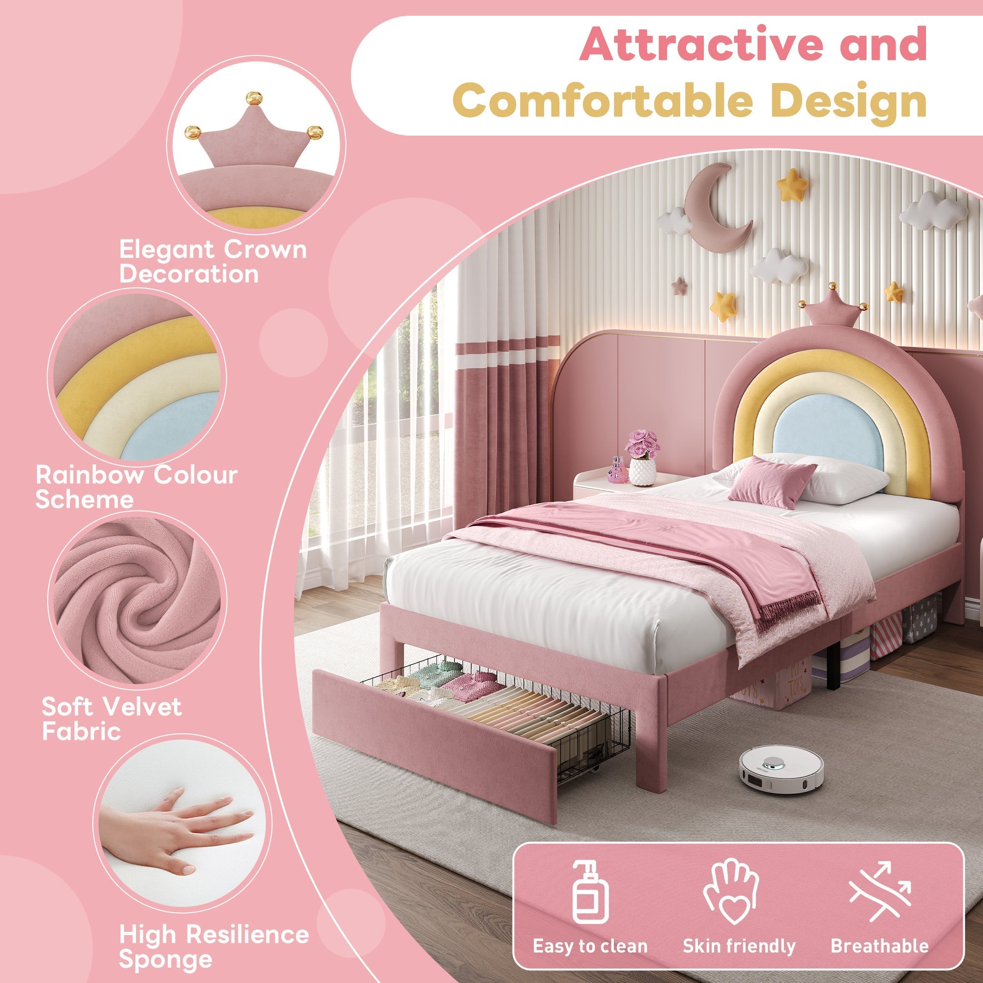 3ft Single Upholstered Bed with Adjustable Rainbow Headboard, Soft Velvet Bed Frame with Storage Drawer, Pink