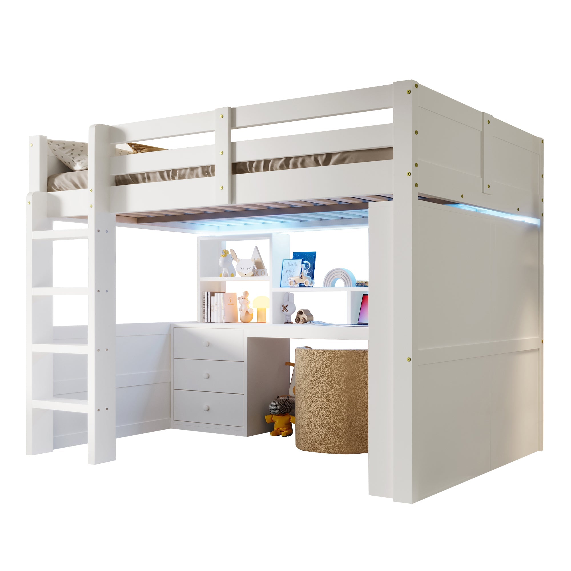 Loft Bed 140x200cm with LED Lights, Wardrobe, Desk, Drawers, Storage, White