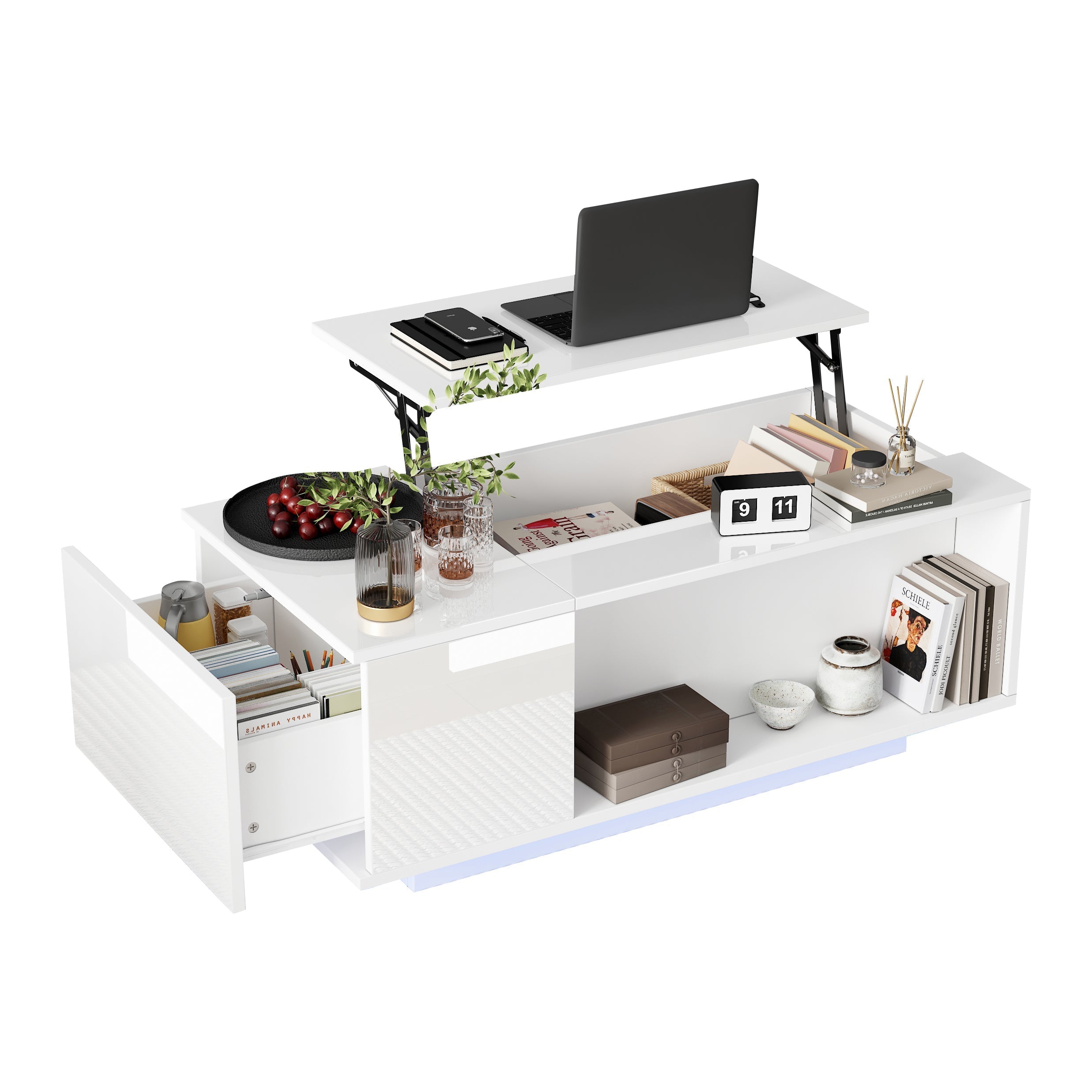 Coffee Table, Height-adjustable with Hidden Storage, LED Light & Drawer, White