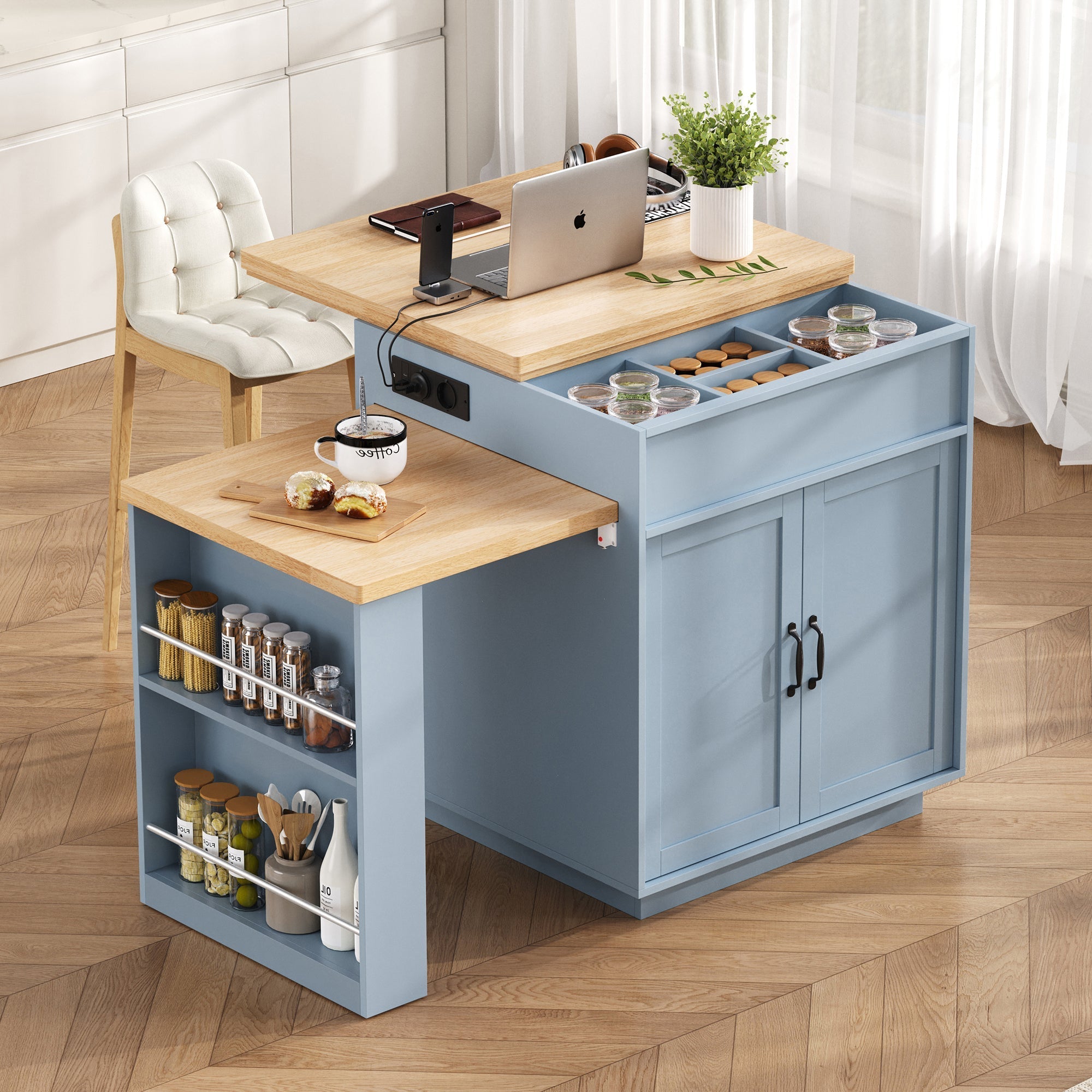 Kitchen Island Extendable Dining Table with LED & Power Strips - Blue