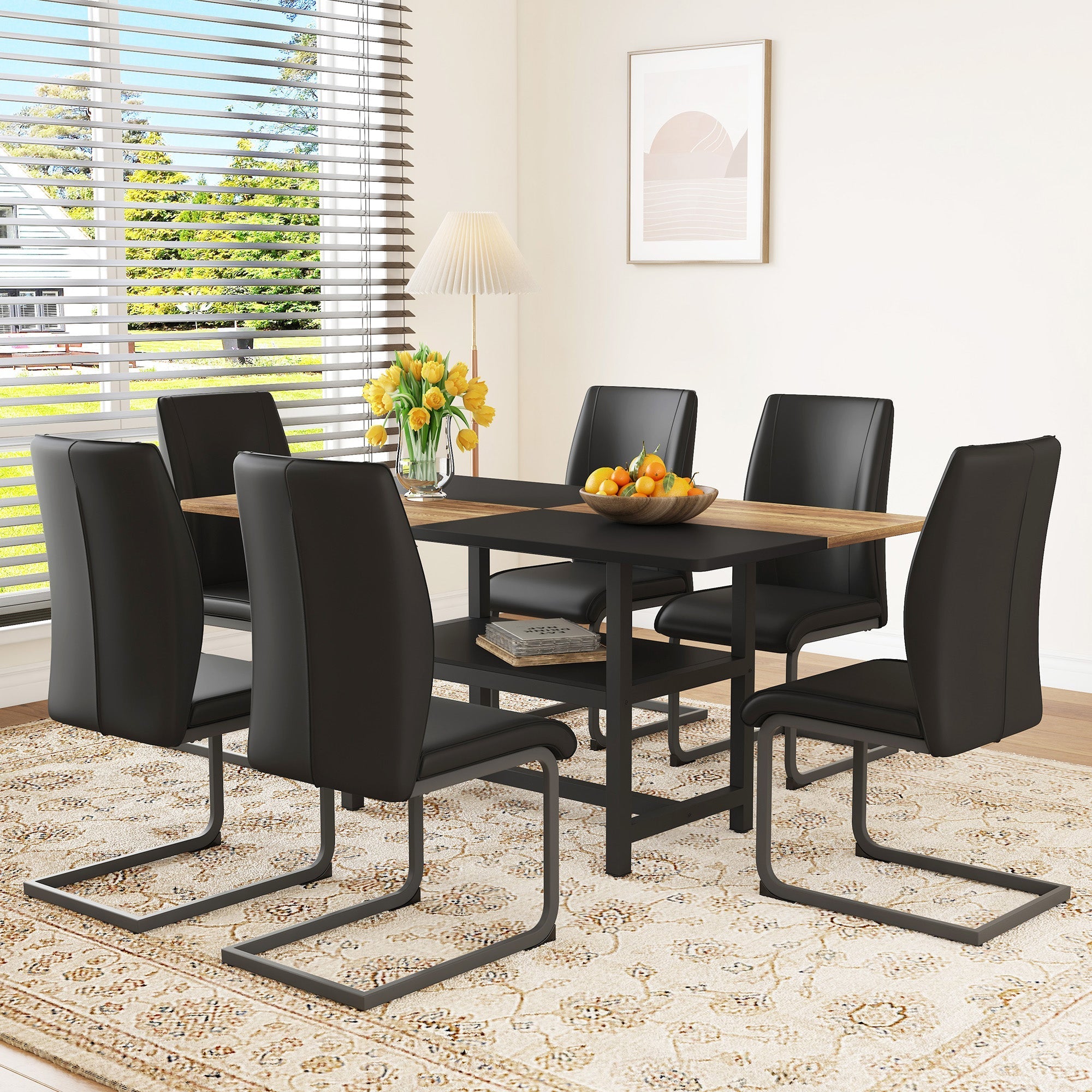 Dining Table Set Rectangular Storage Shelf 6 Armchairs - Faux Leather Black