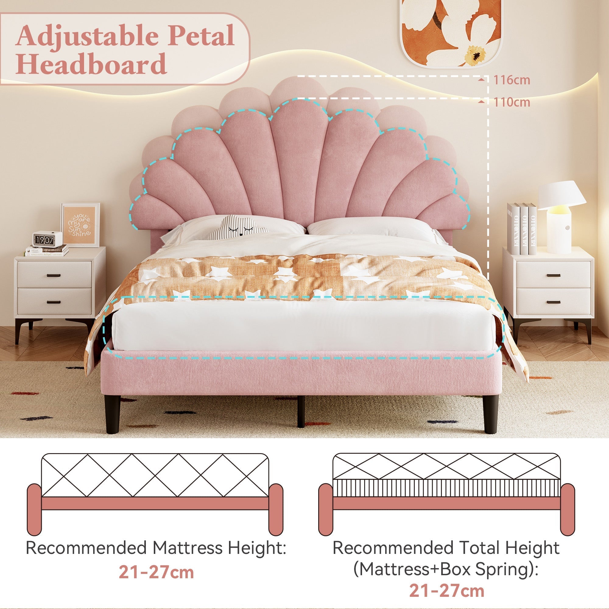 4ft6 Double Upholstered Velvet Bed Frame, Adjustable Chic Petal Headboard, Pink