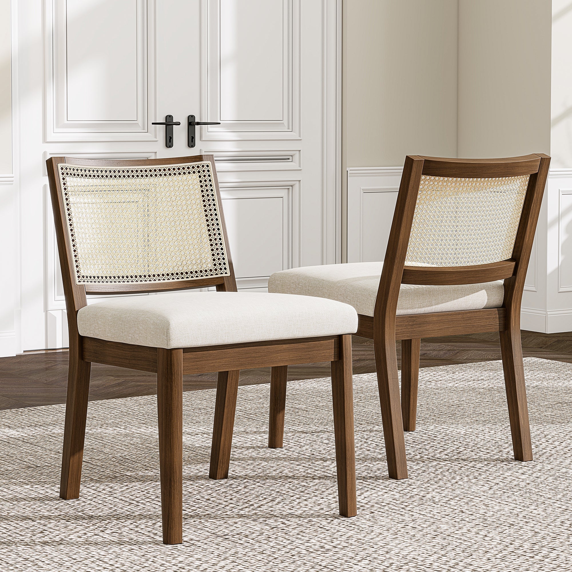 Solid Wood Dining Chairs Set of 4 with Rattan Backrest, Linen and Walnut