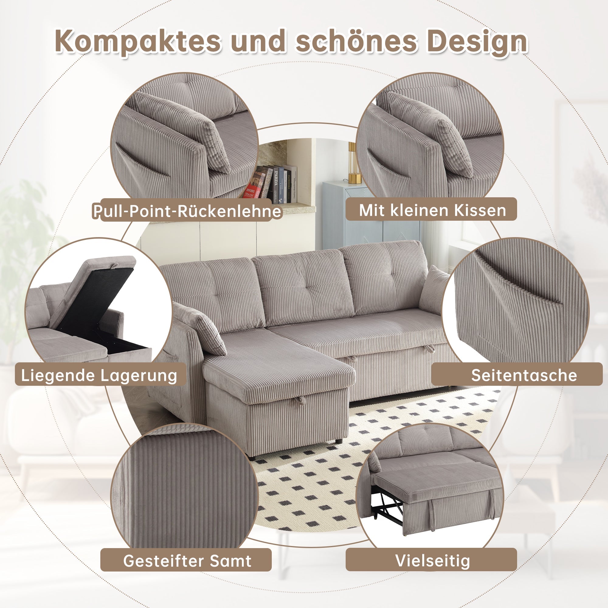 Multi-functional Sofa Bed, Modular L-Shaped Sectional with Storage and Pull-out Bed