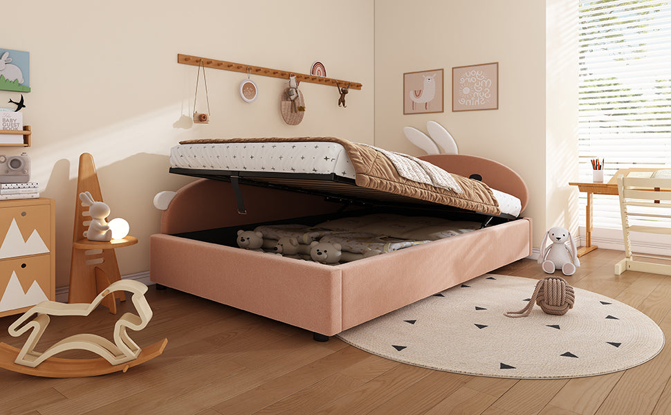 Upholstered Bed, Single Children's Hydraulic with Bunny Headboard, Velvet Pink+White