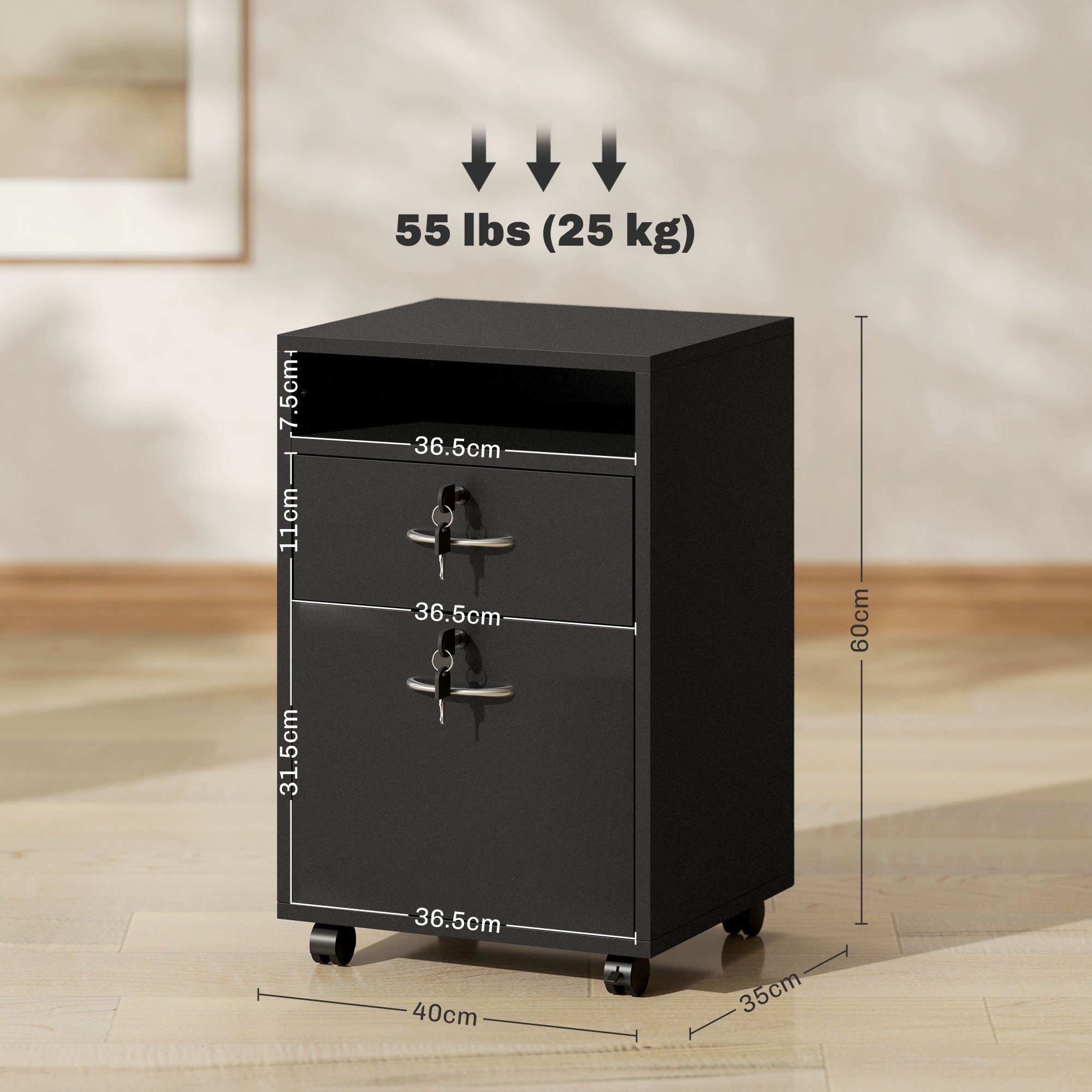 Filing Cabinet 60cm Drawer Open Shelf Mobile Two Locks Black