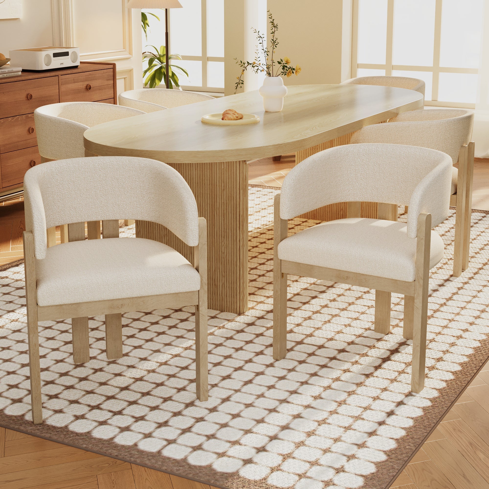 Solid Wood Dining Chairs, Set of 4 Modern Breathable Seats, Natural Bouclé