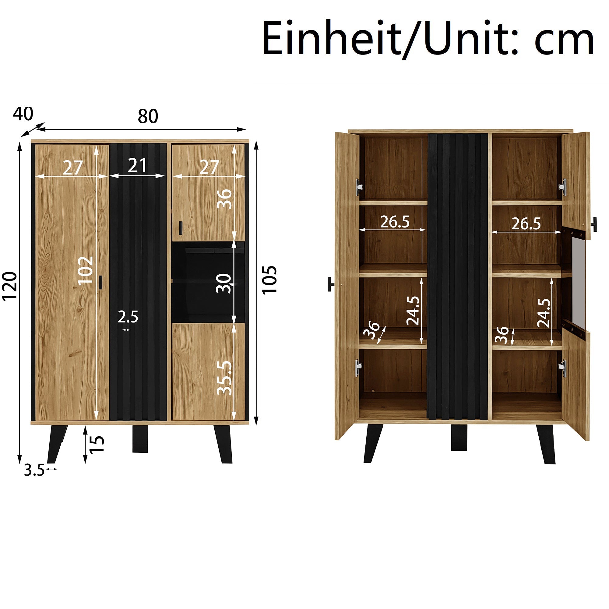 Living Room Furniture Set, 3-Piece Coffee Table TV Cabinet Sideboard, Wood and Black