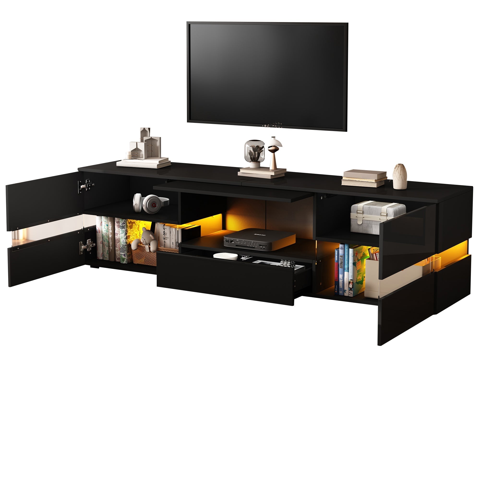 Modern High-Gloss TV Cabinet 160x39x45cm LED 2 Doors 1 Drawer - Black