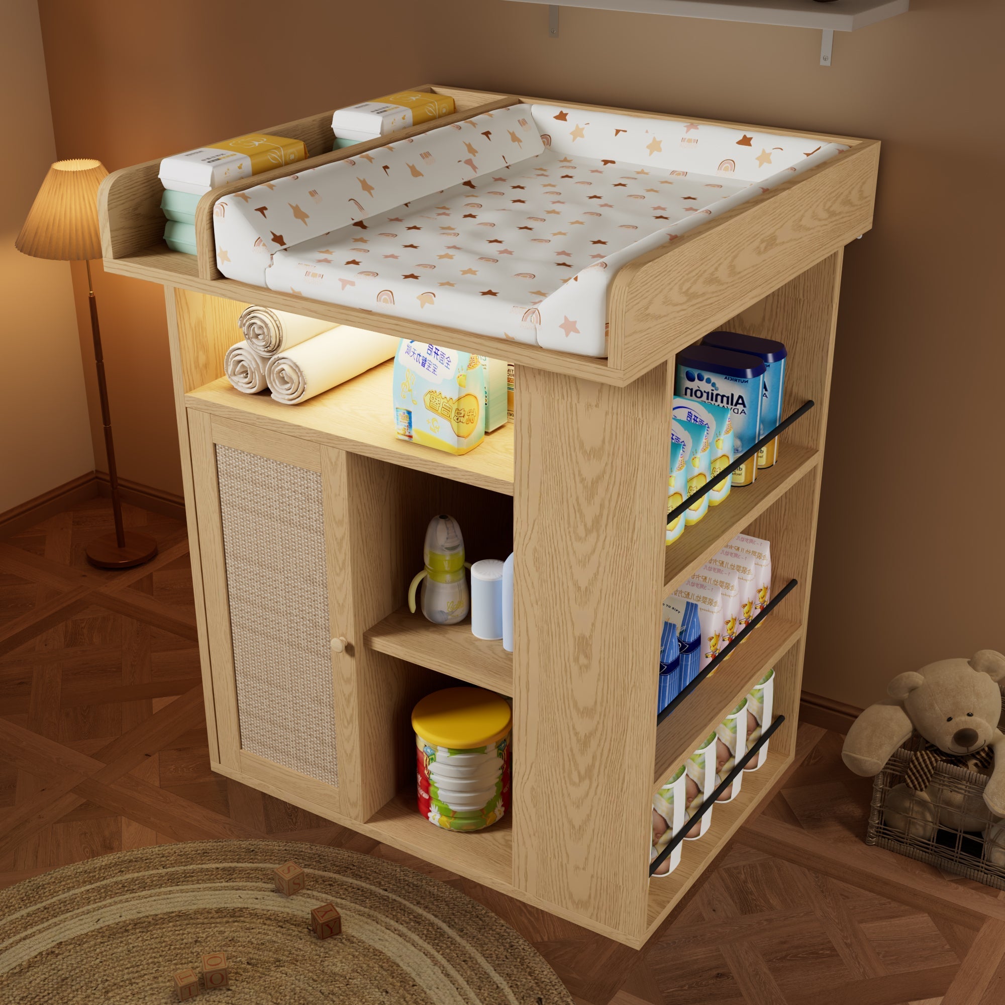 Wooden Changing Table with LED Lighting, Storage and Divider, Natural Wood